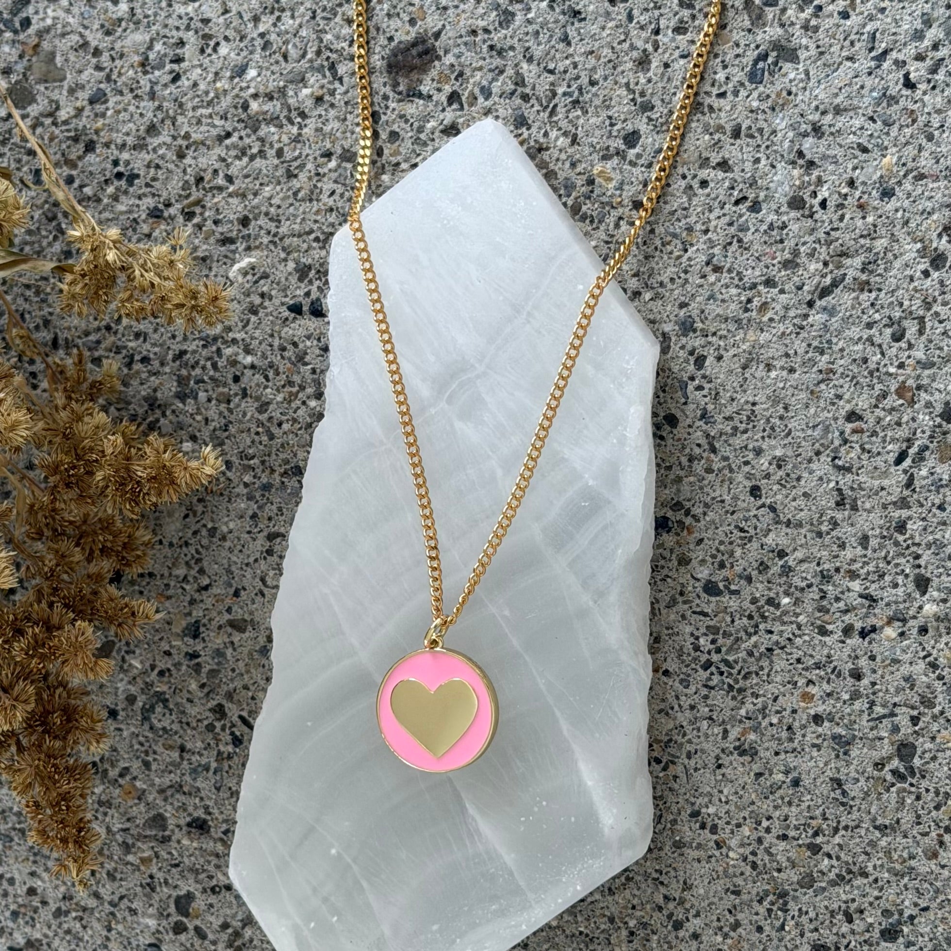 PINK ROUND ENAMEL HEART necklace