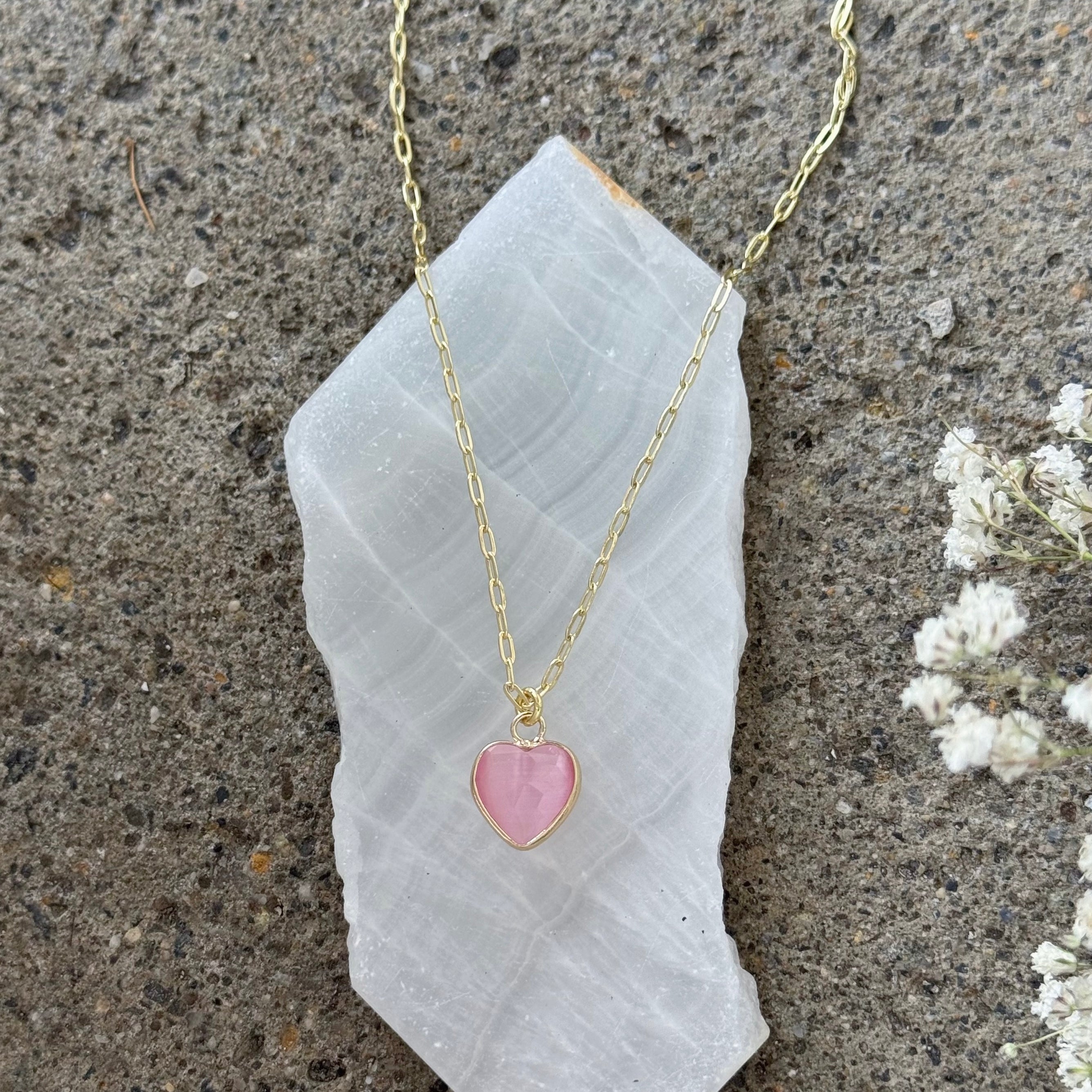 GOLD ROSE QUARTZ HEART PAPERCLIP necklace