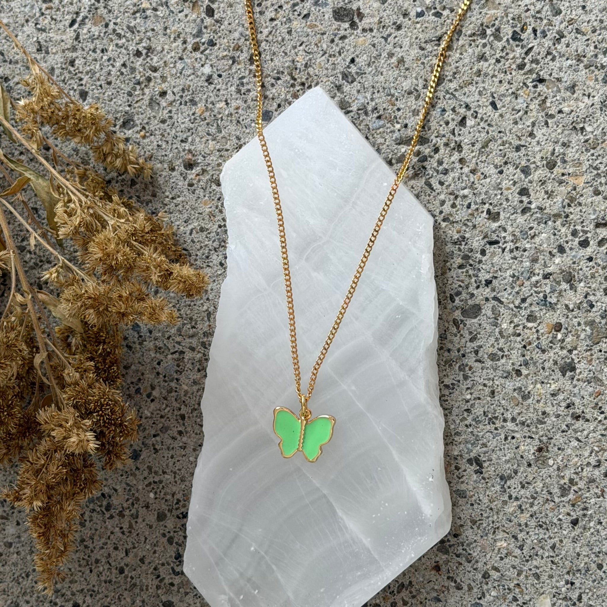 LIME GREEN ENAMEL BUTTERFLY MINI necklace