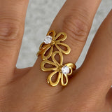 GOLD CRYSTAL DOUBLE FLOWER STEEL ring