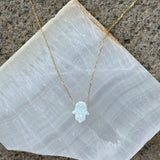 GOLD HAMSA WHITE OPAL necklace