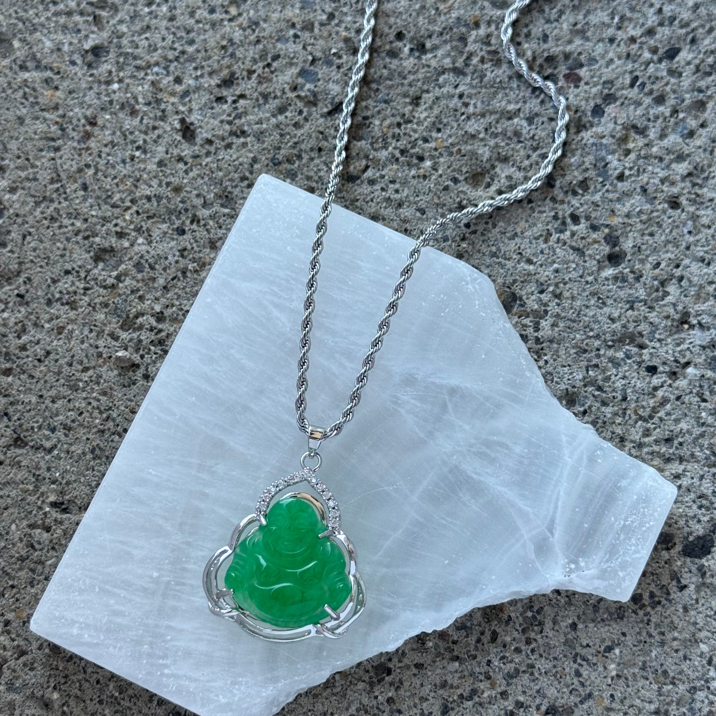 SILVER FORTUNE BUDDHA GREEN JADE necklace