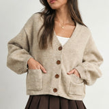 BEIGE V-NECK BUTTON UP SWEATER top