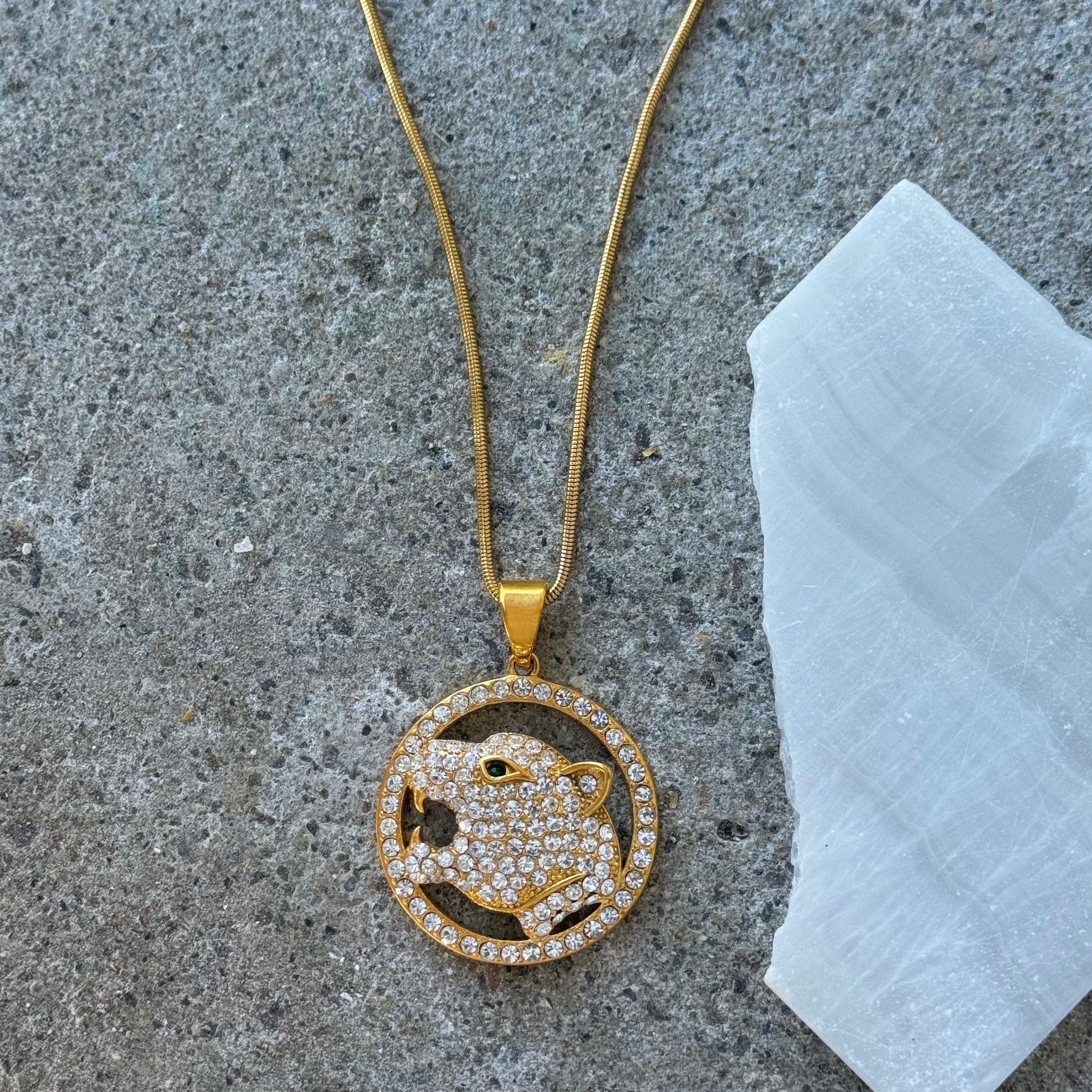 GOLD LARGE CRYSTAL PANTHER HEAD MEDALLION necklace