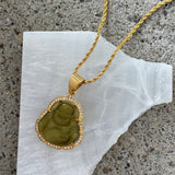 CRYSTAL OLIVE BUDDHA GOLD STEEL necklace
