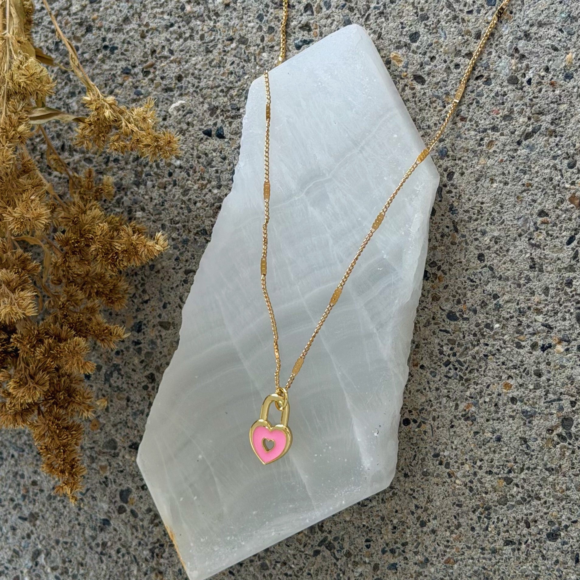 PINK ENAMEL HEART LOCK SUPER MINI necklace