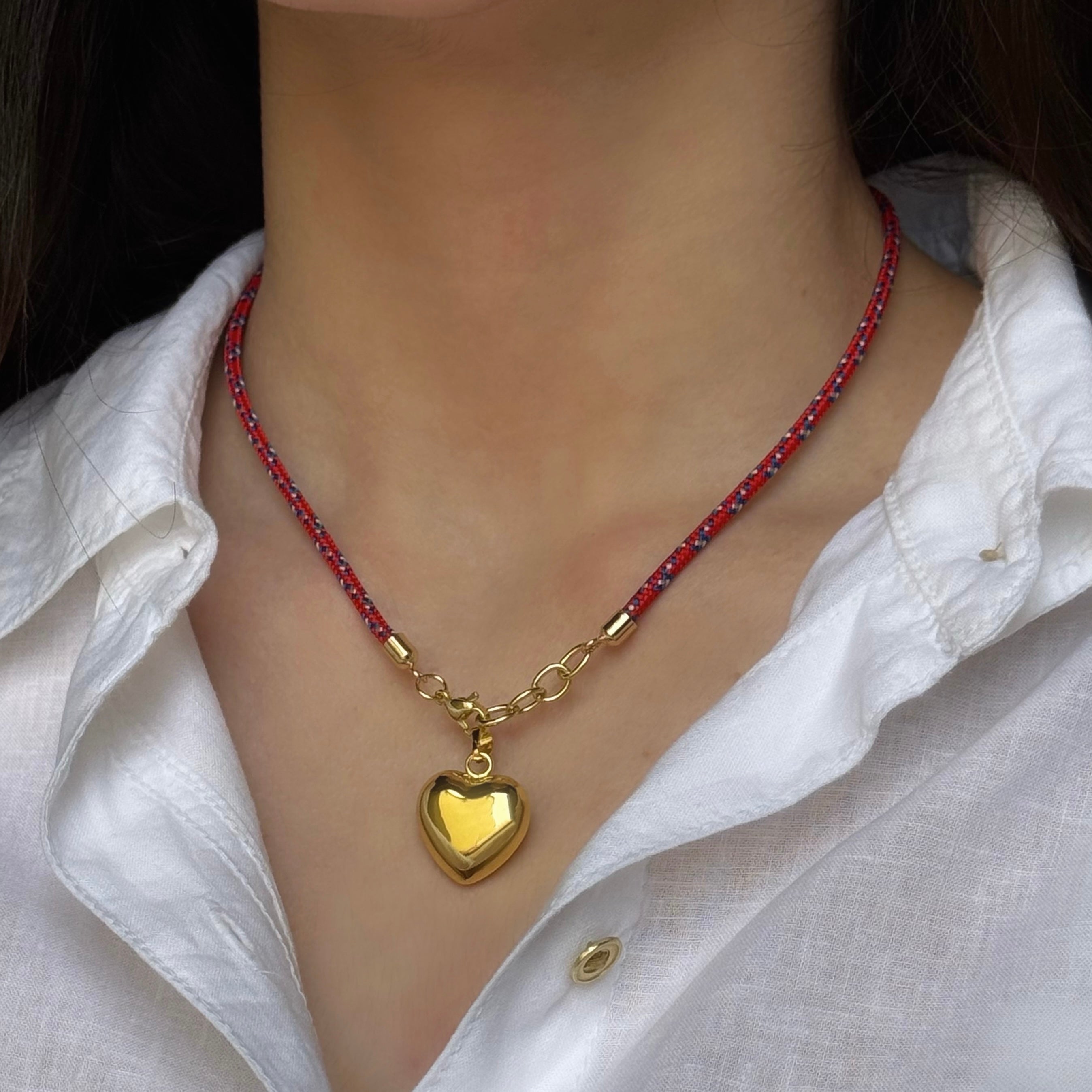 GOLD BUBBLE HEART CHARM RED CHORD necklace