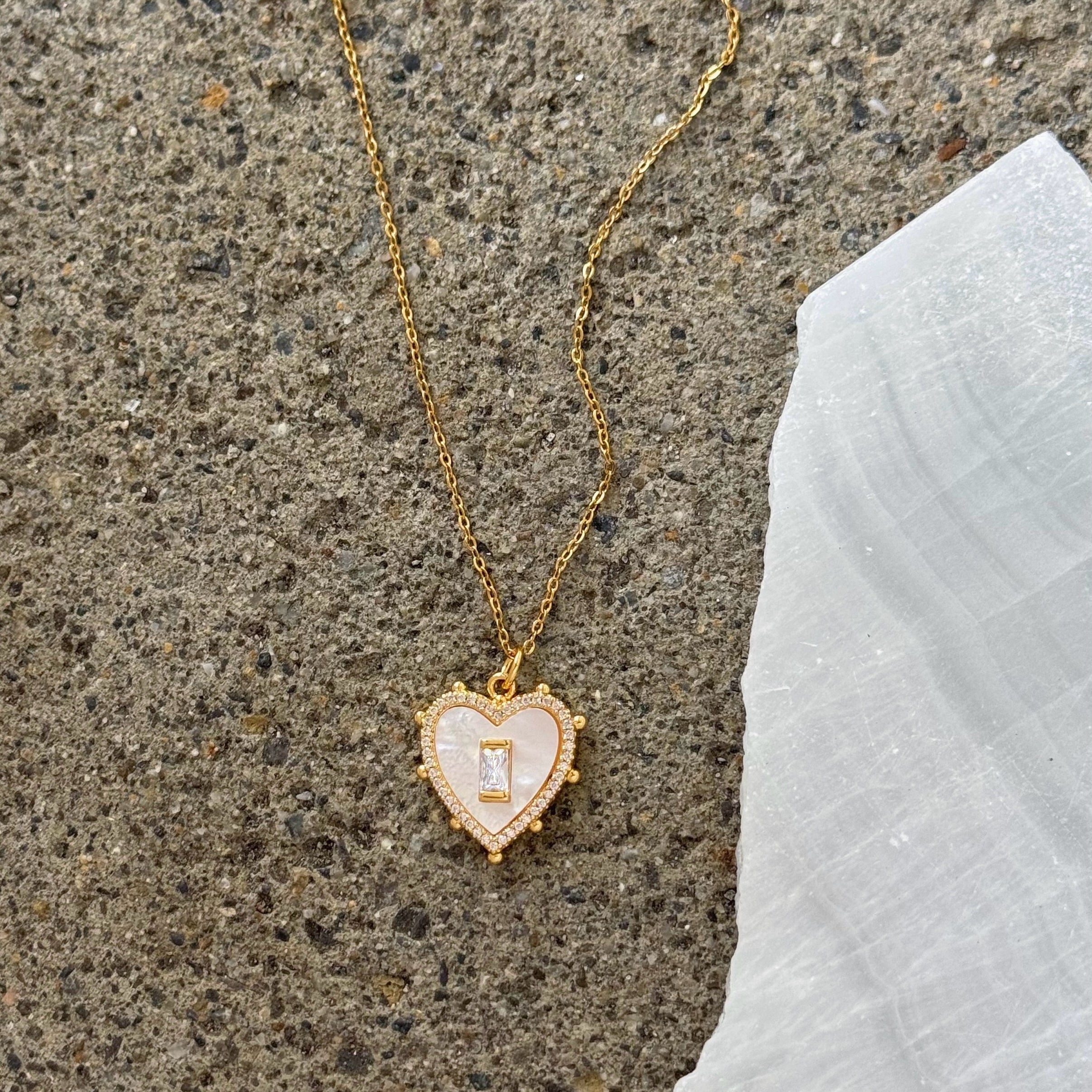 GOLD HEART MOTHER OF PEARL CRYSTAL BAGUETTE necklace