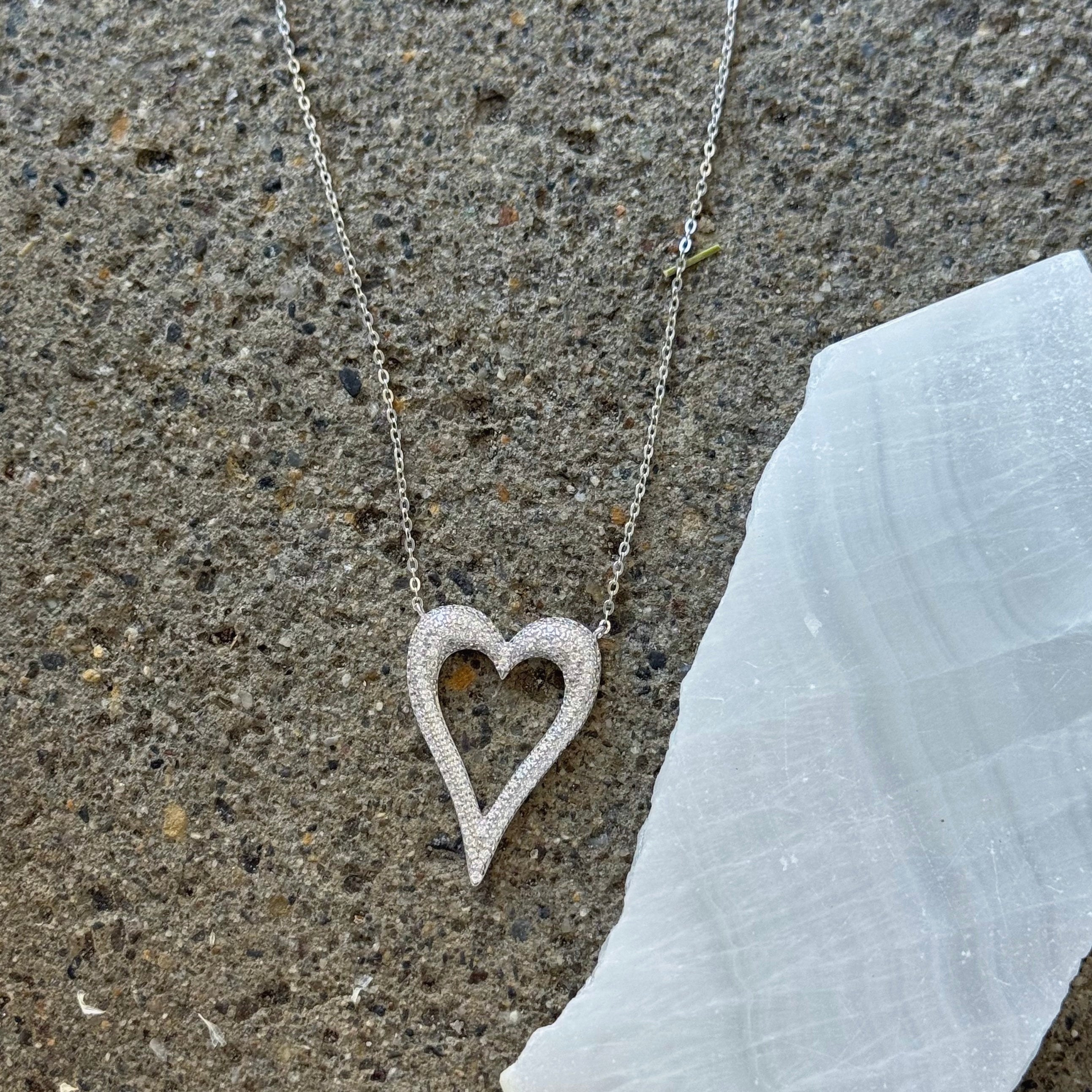 LARGE SILVER PAVE CRYSTAL HEART necklace