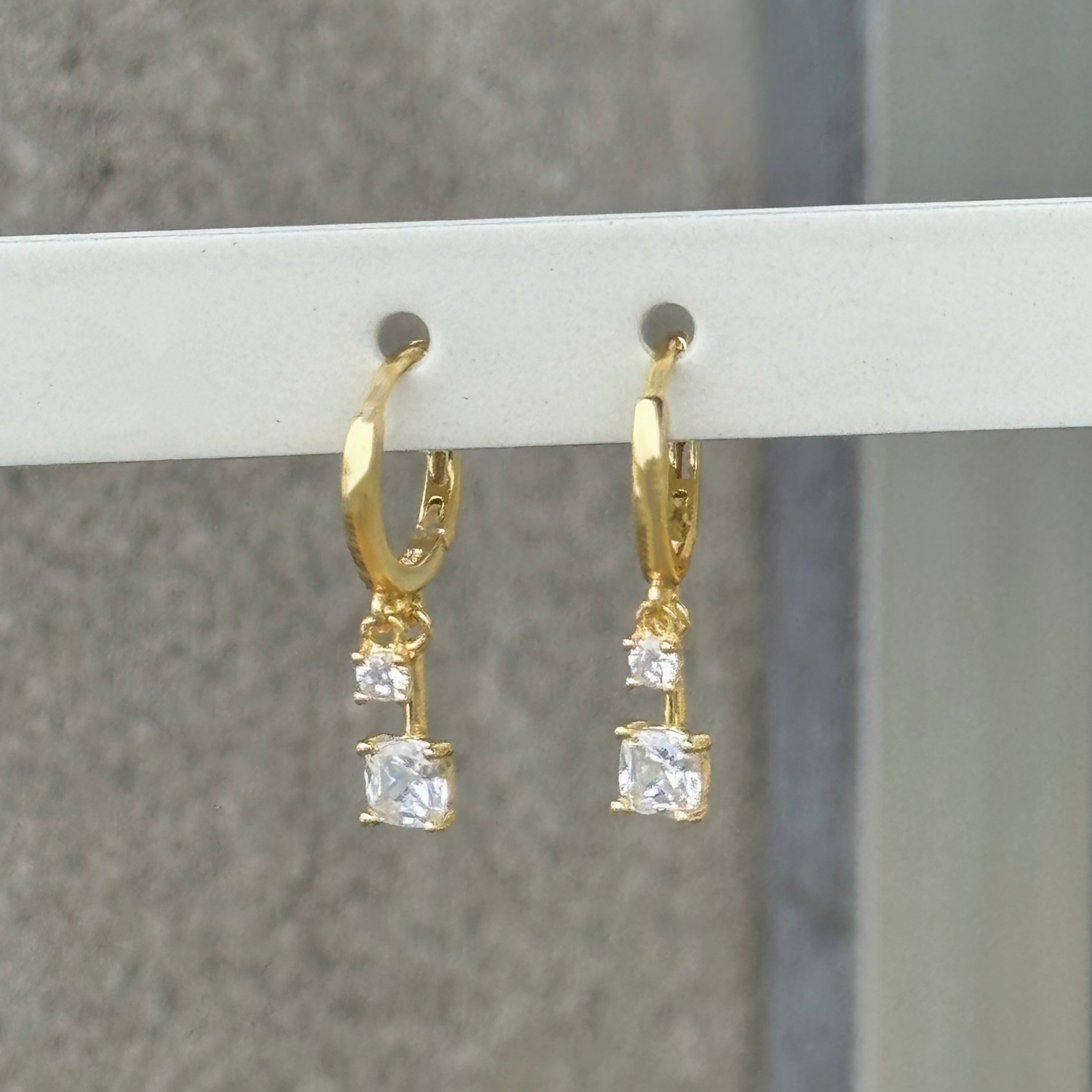 GOLD DOUBLE CRYSTAL DANGLE HUGGIE earrings