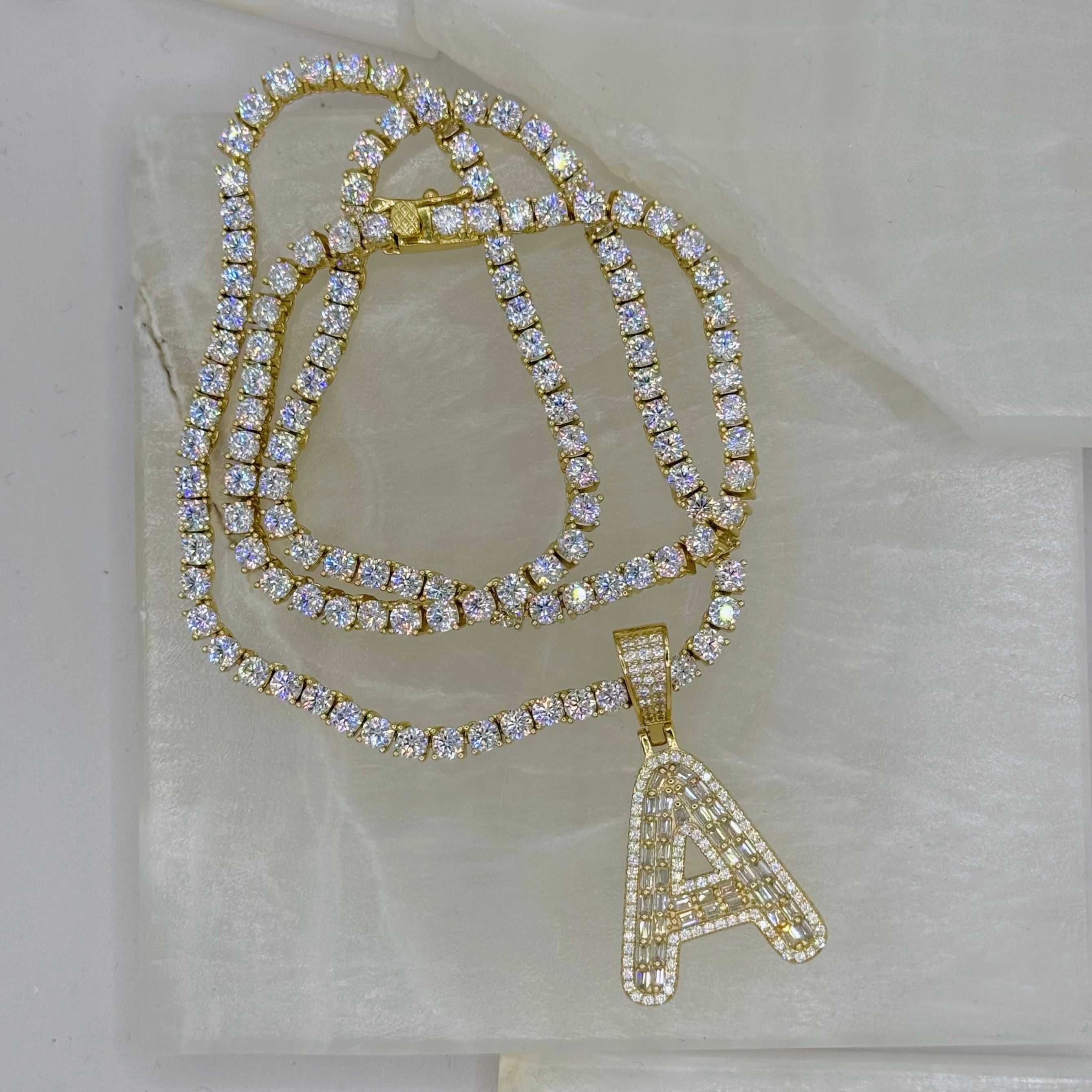 GOLD INITIAL CRYSTAL BAGUETTE II TENNIS necklace