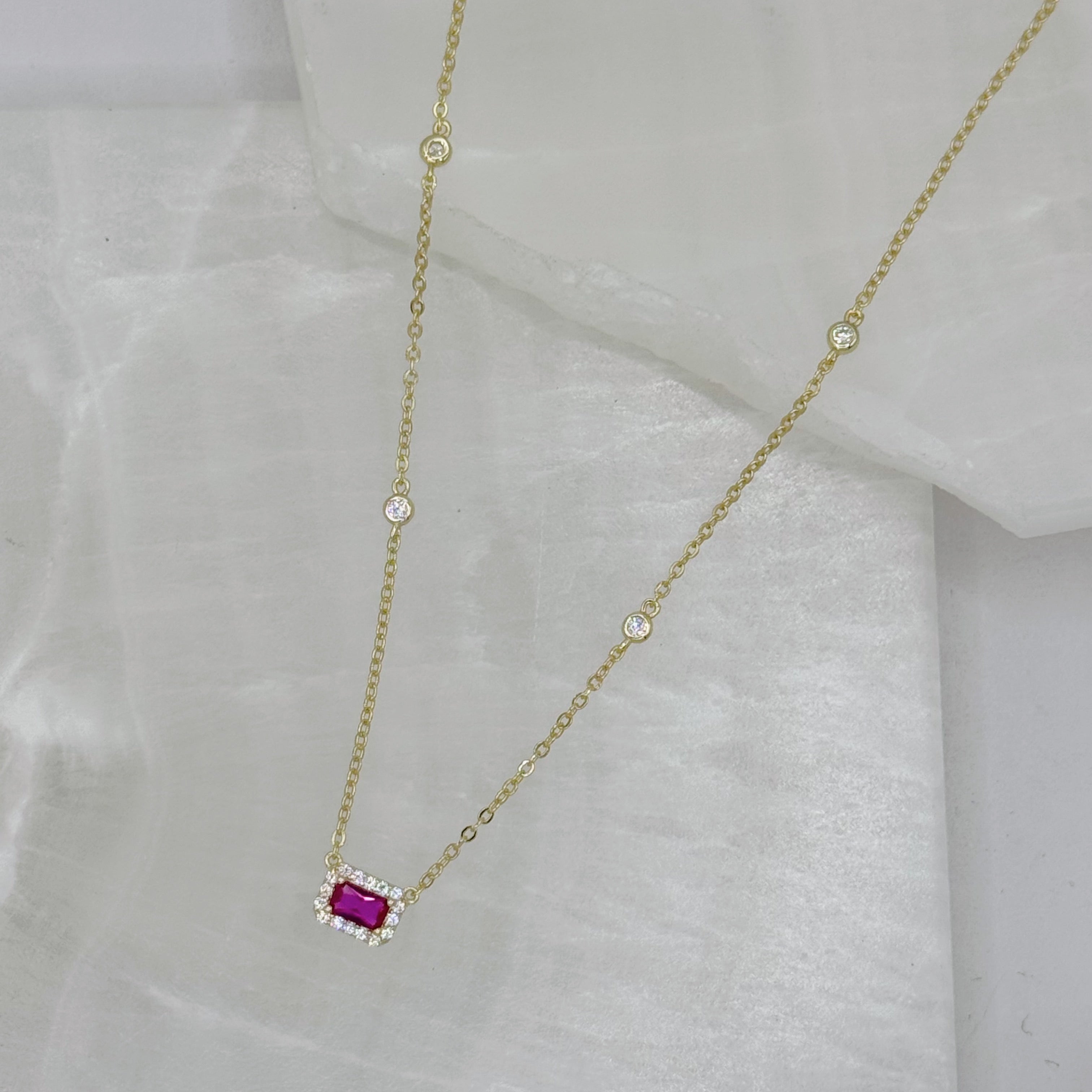 GOLD RUBY CRYSTAL CUSHION CUT necklace