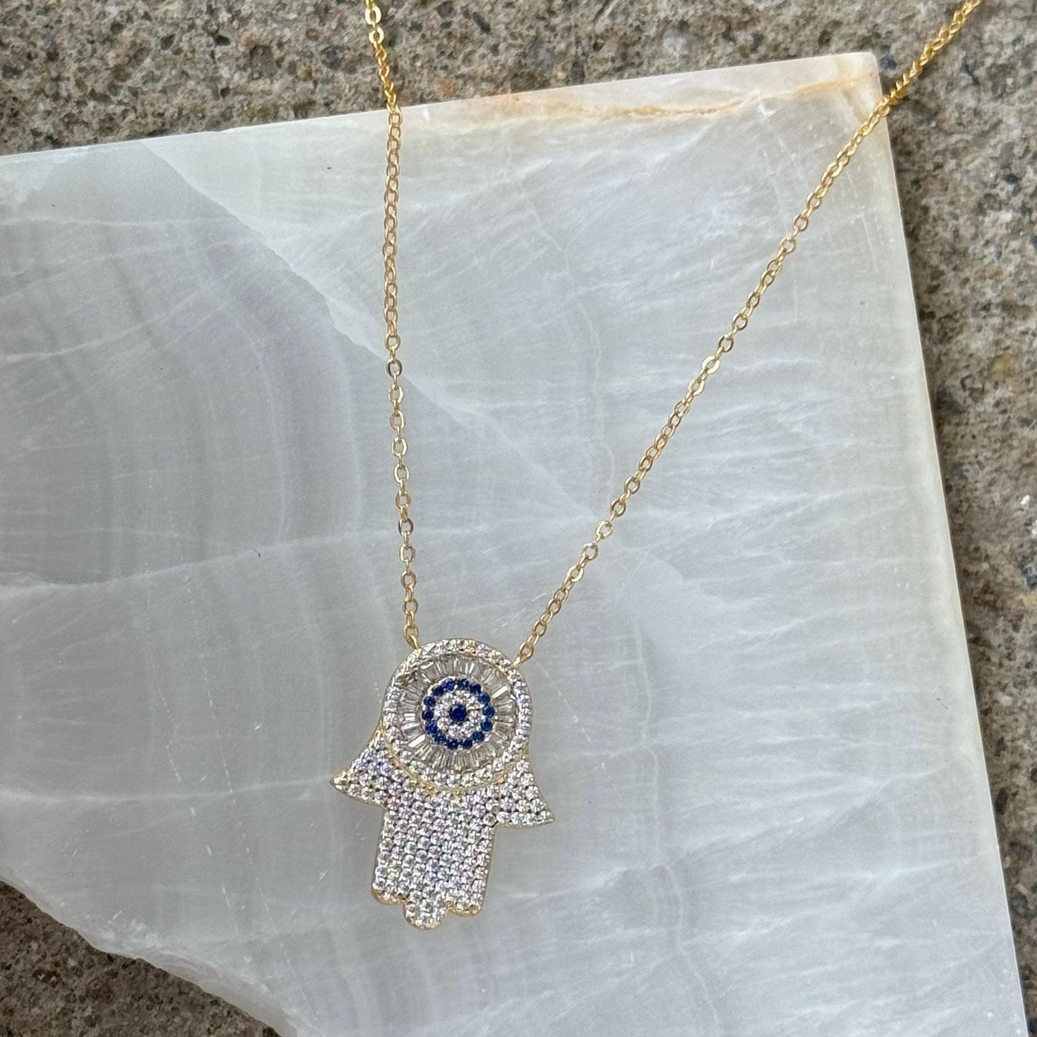 GOLD CRYSTAL HAMSA ROUND EVIL EYE necklace