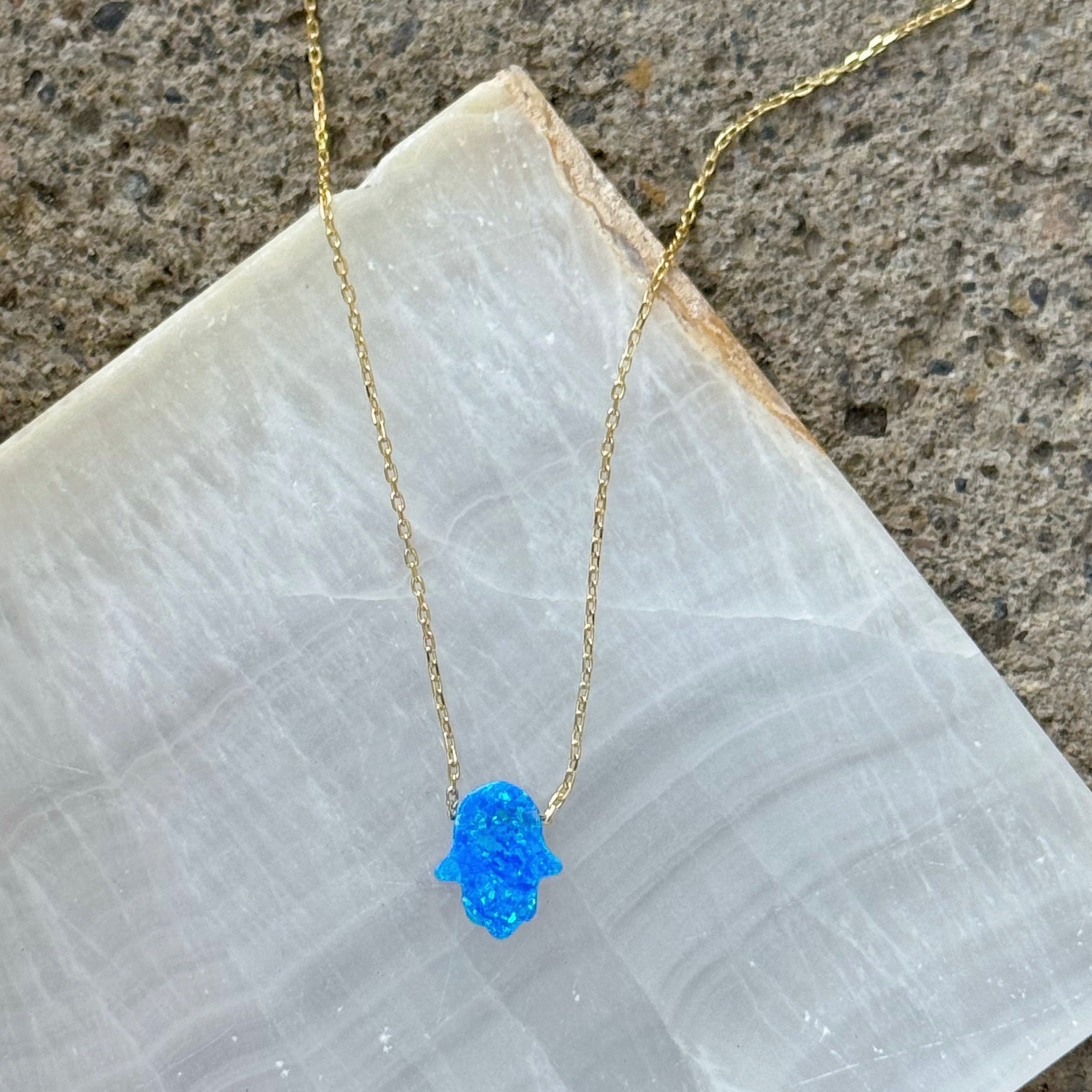 GOLD HAMSA BLUE OPAL necklace