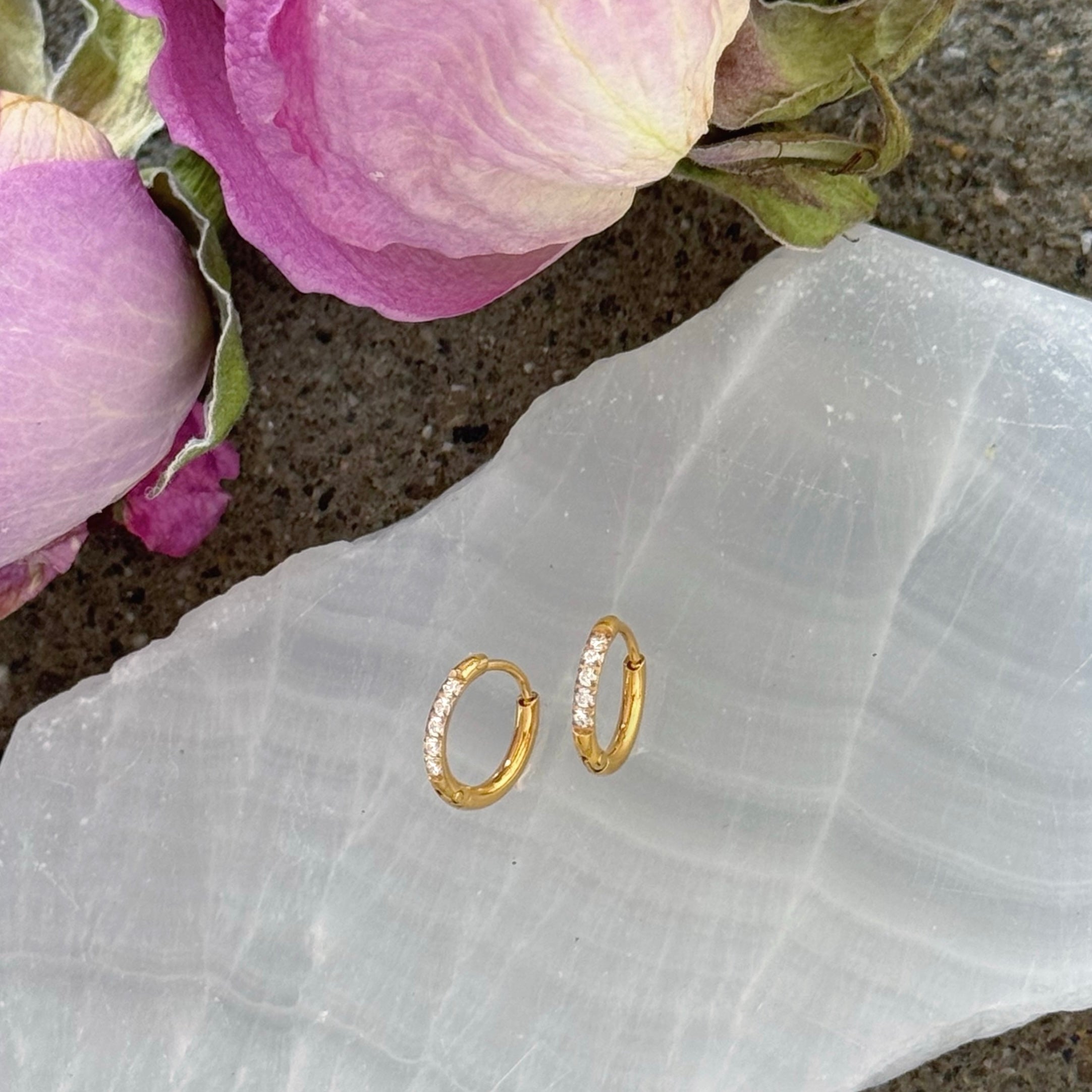 8MM GOLD CRYSTAL MINI HOOP earrings