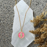 PINK ENAMEL CRYSTAL HAMSA CIRCLE necklace