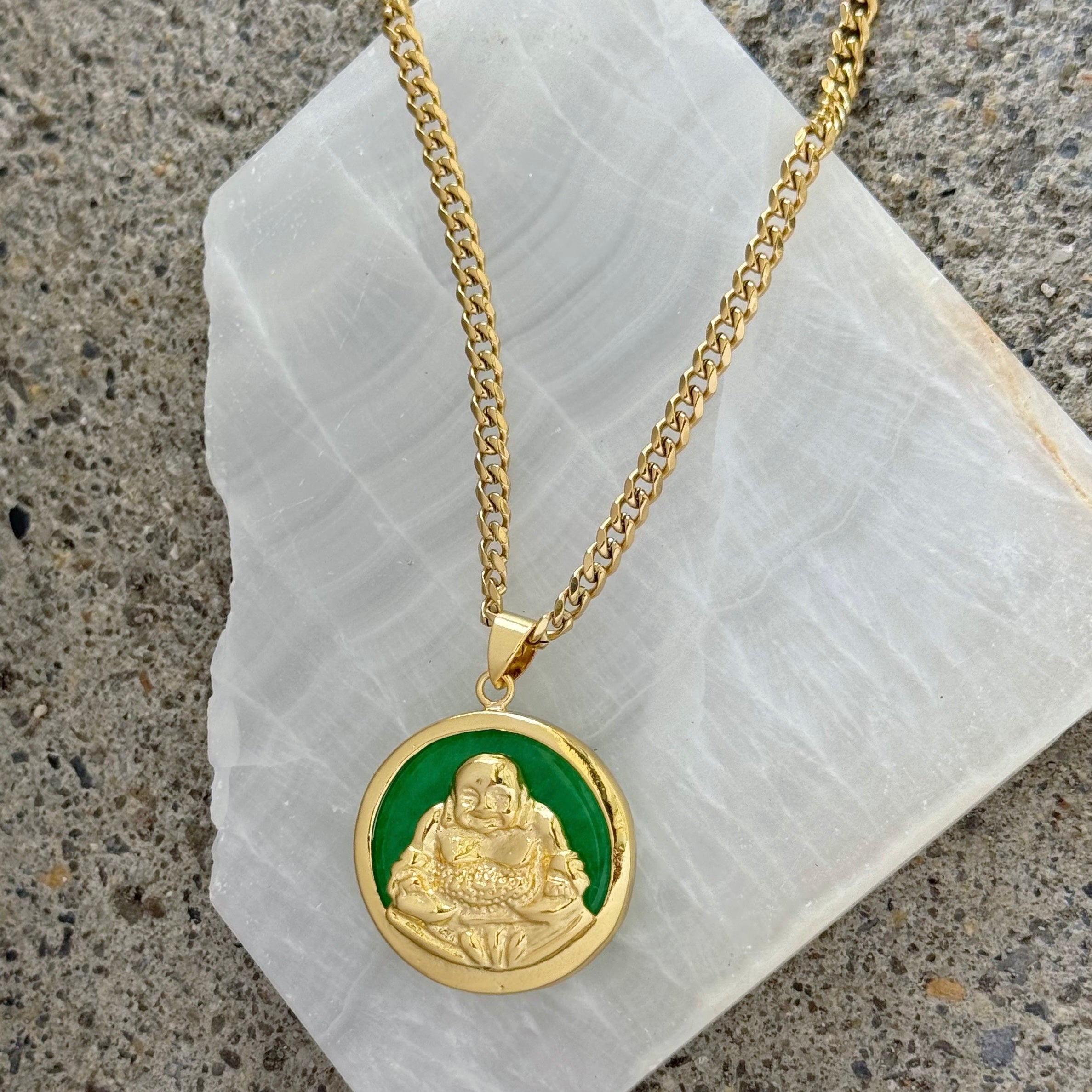 GOLD BUDDHA REVERSIBLE JEWEL GREEN JADE necklace