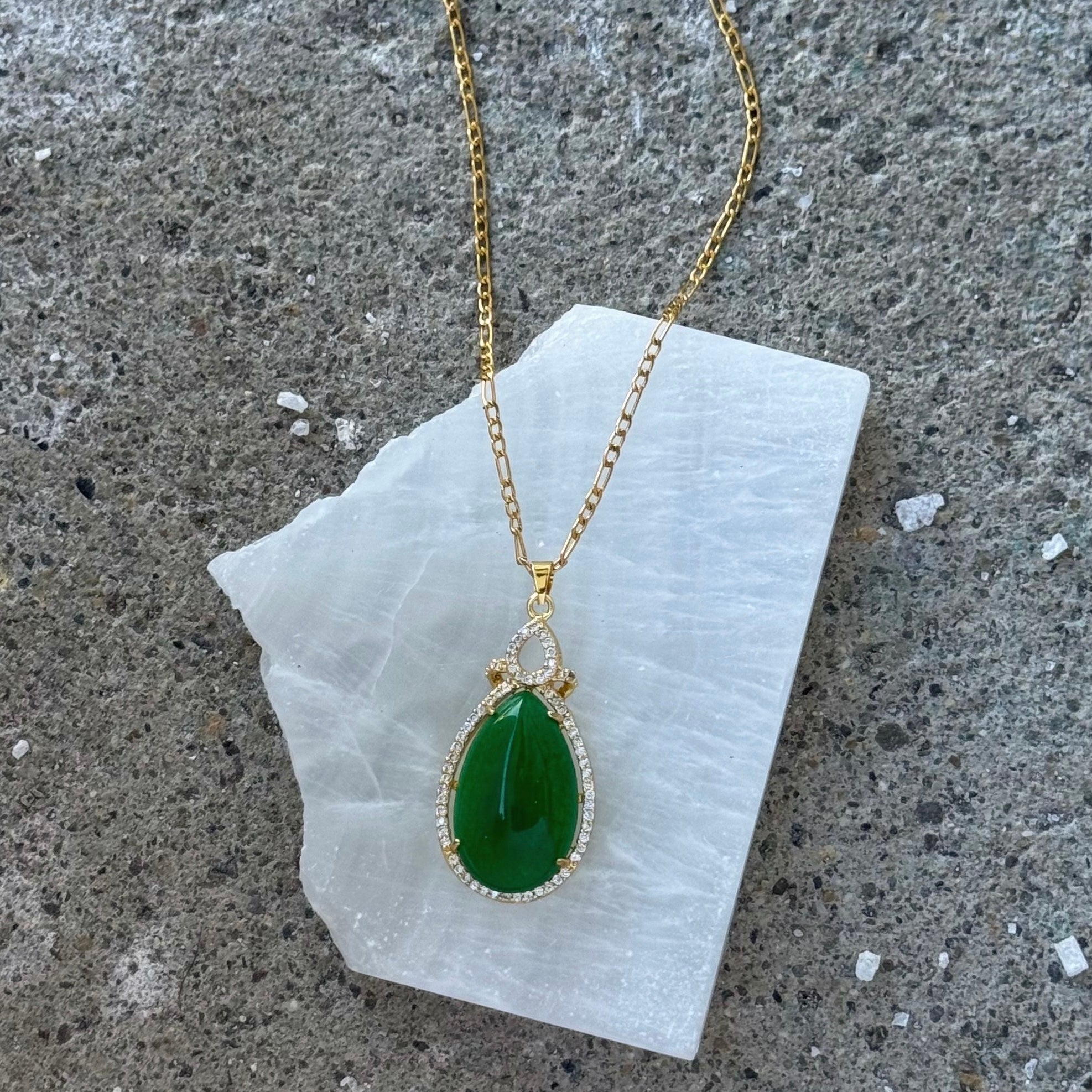 CRYSTAL TEARDROP MEI GREEN JADE necklace