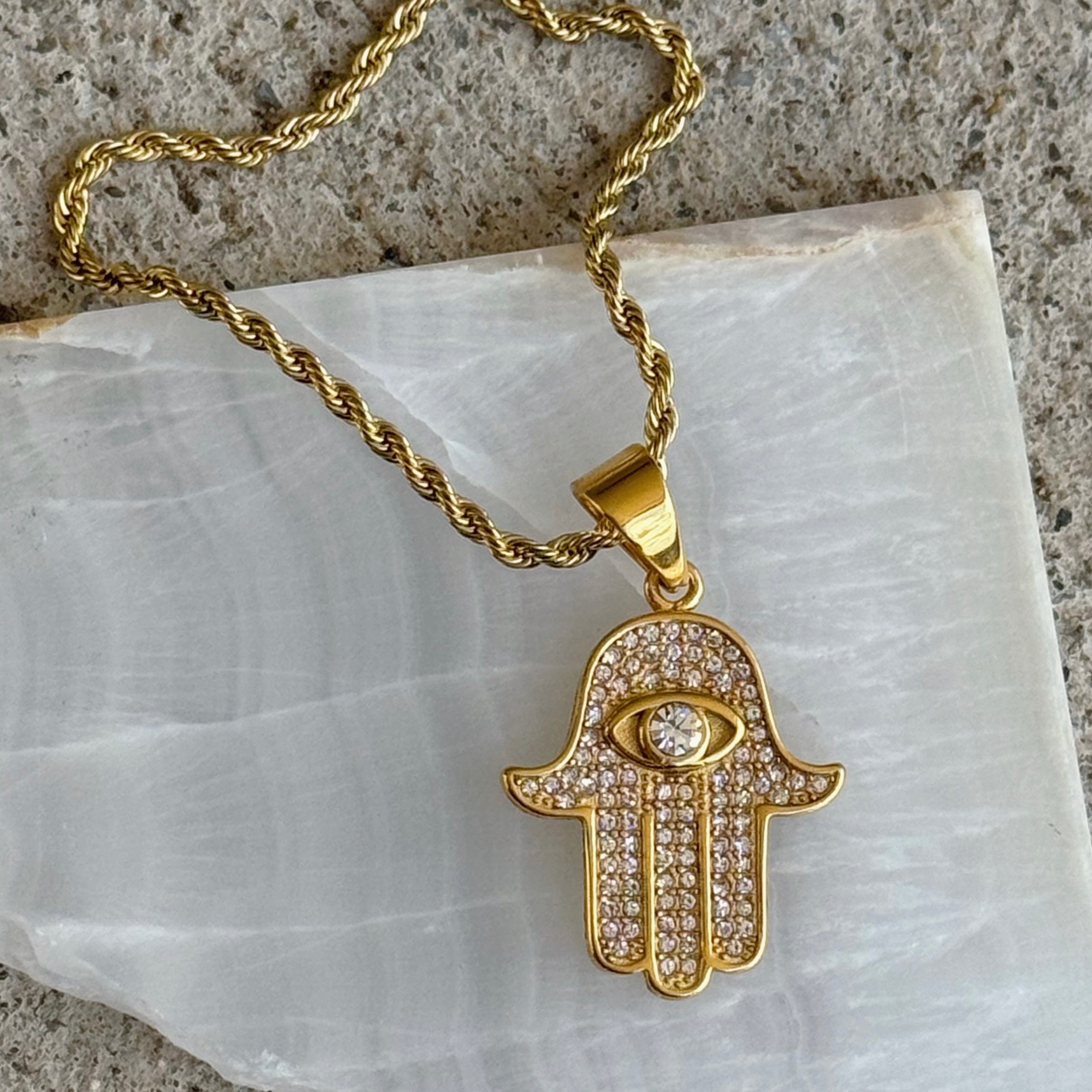 LARGE GOLD CRYSTAL HAMSA necklace