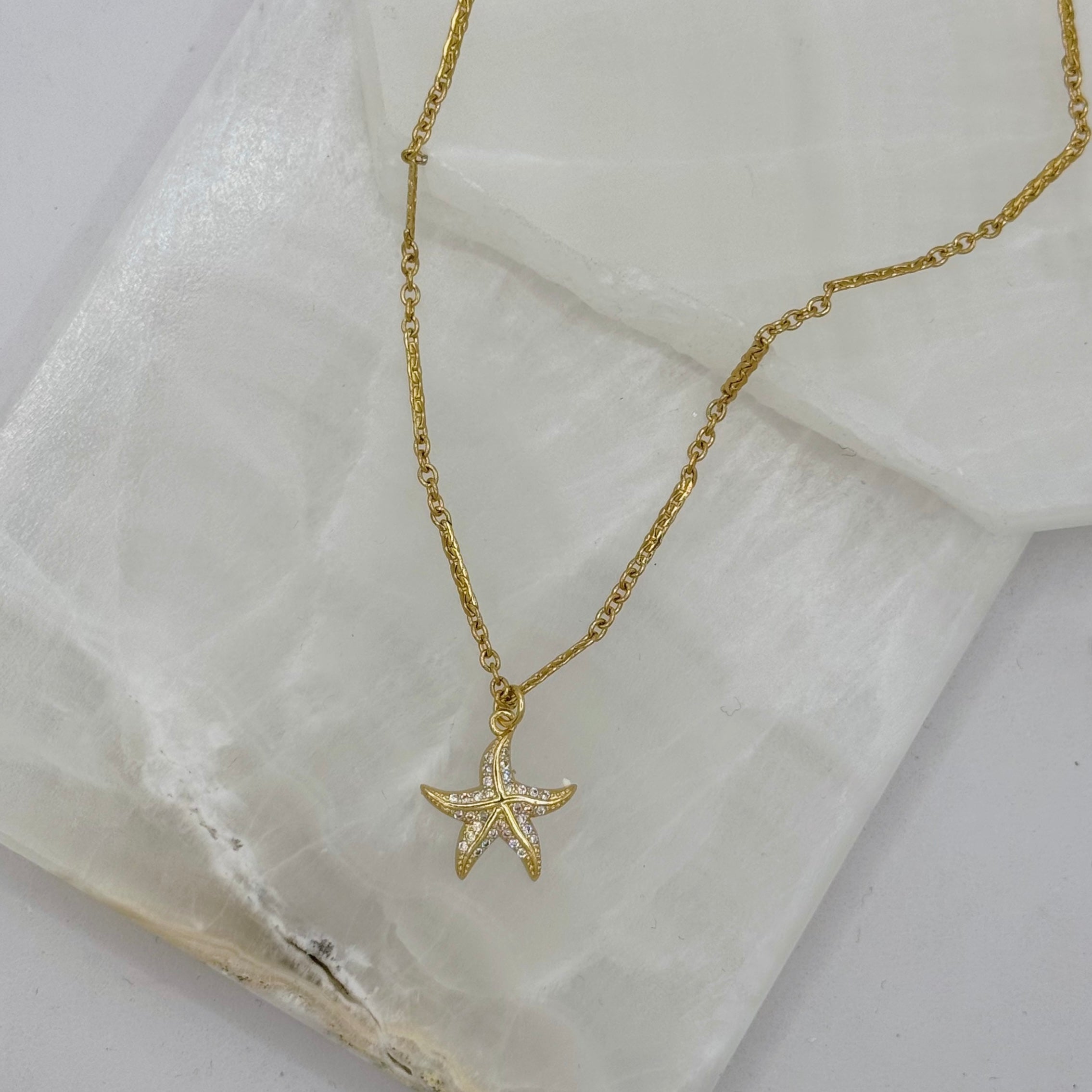 GOLD CRYSTAL BY THE SEA STARFISH necklace