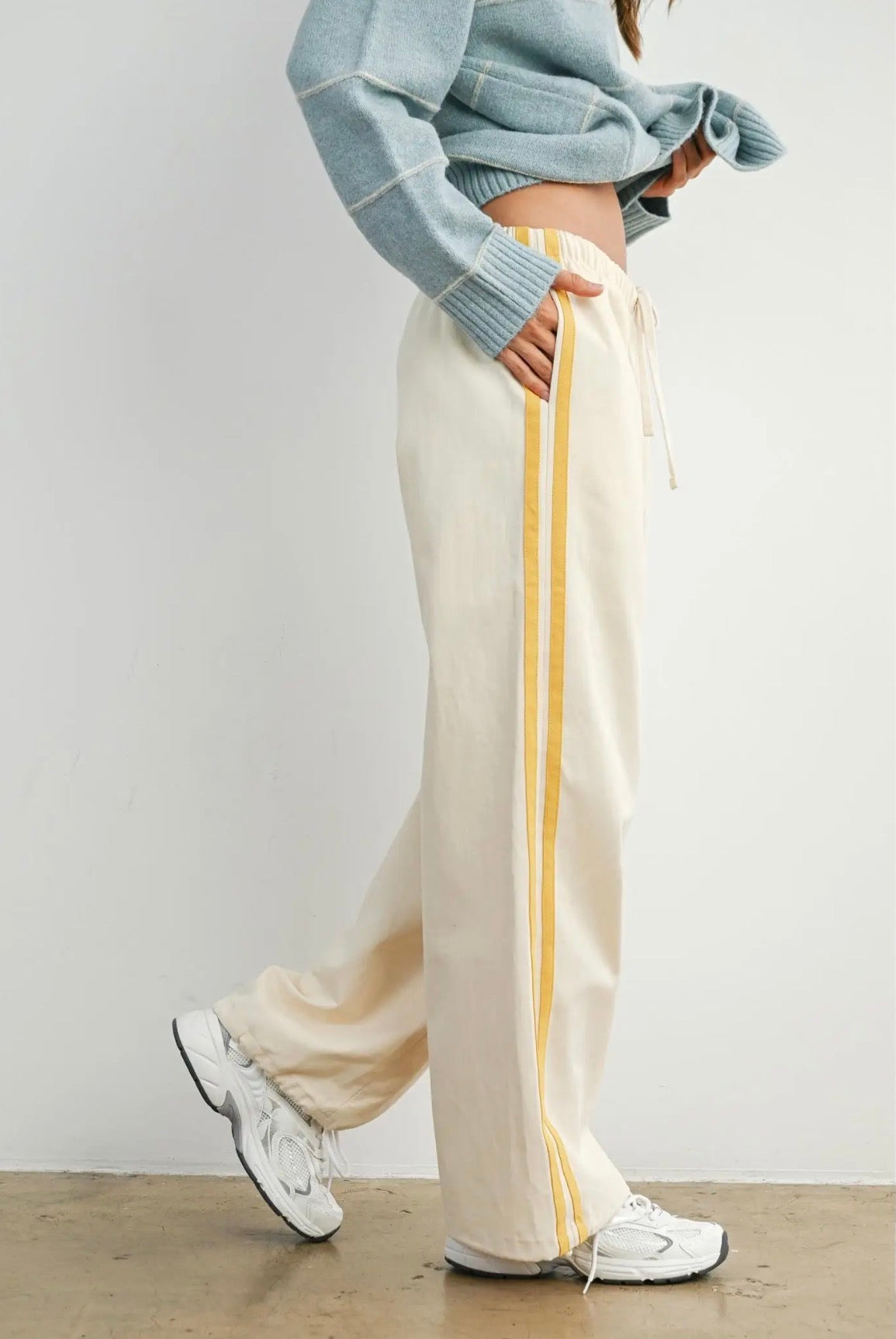 BEIGE YELLOW STRIPED DRAWSTRING WIDE LEG TRACK pants