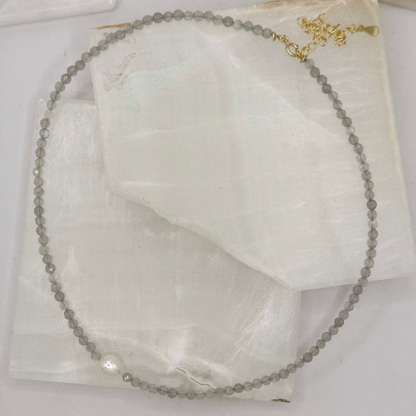 DIAMOND CUT RAINBOW MOONSTONE PEARL necklace