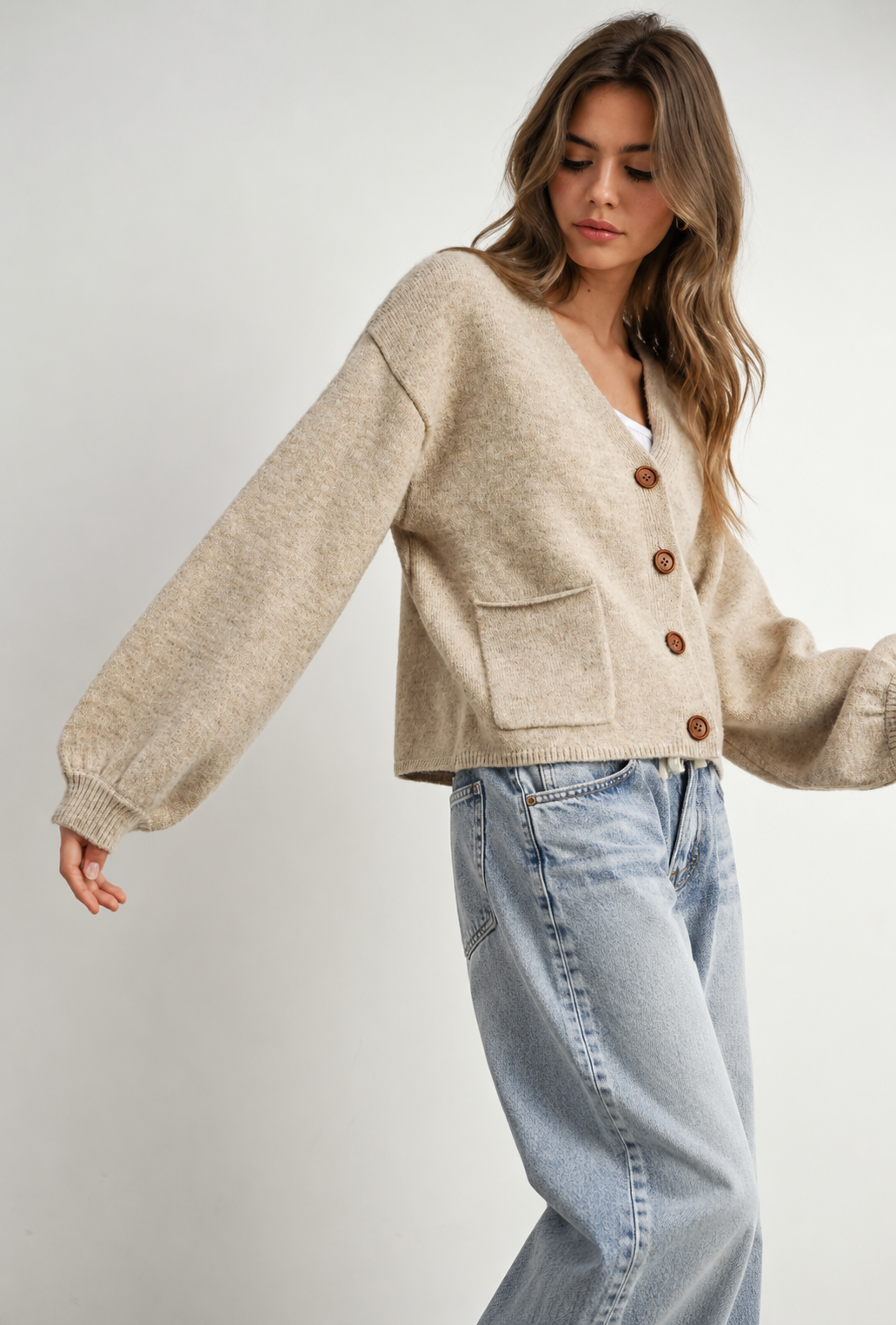 BEIGE V-NECK BUTTON UP SWEATER top