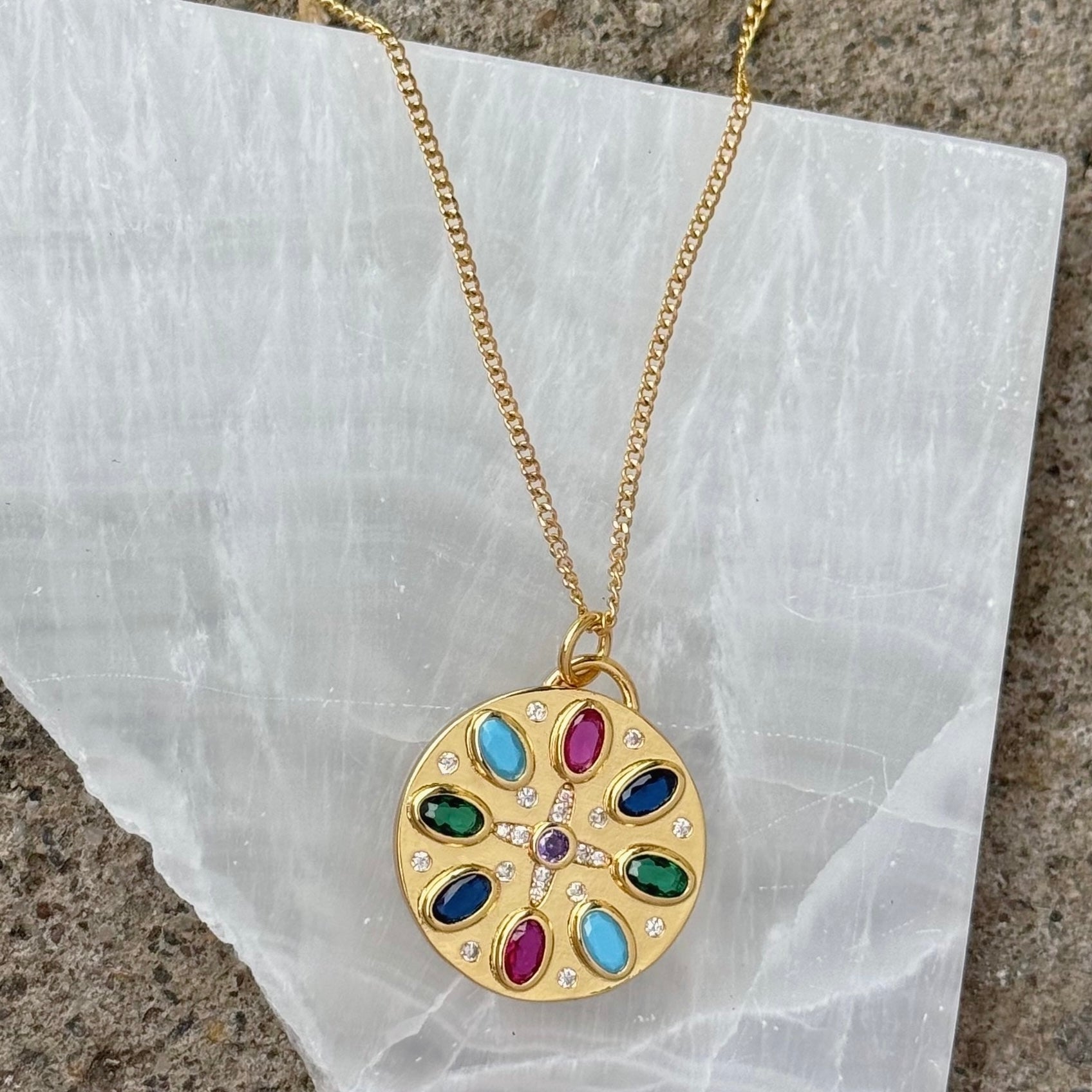 GOLD CELESTIAL OVAL JEWEL MEDALLION necklace