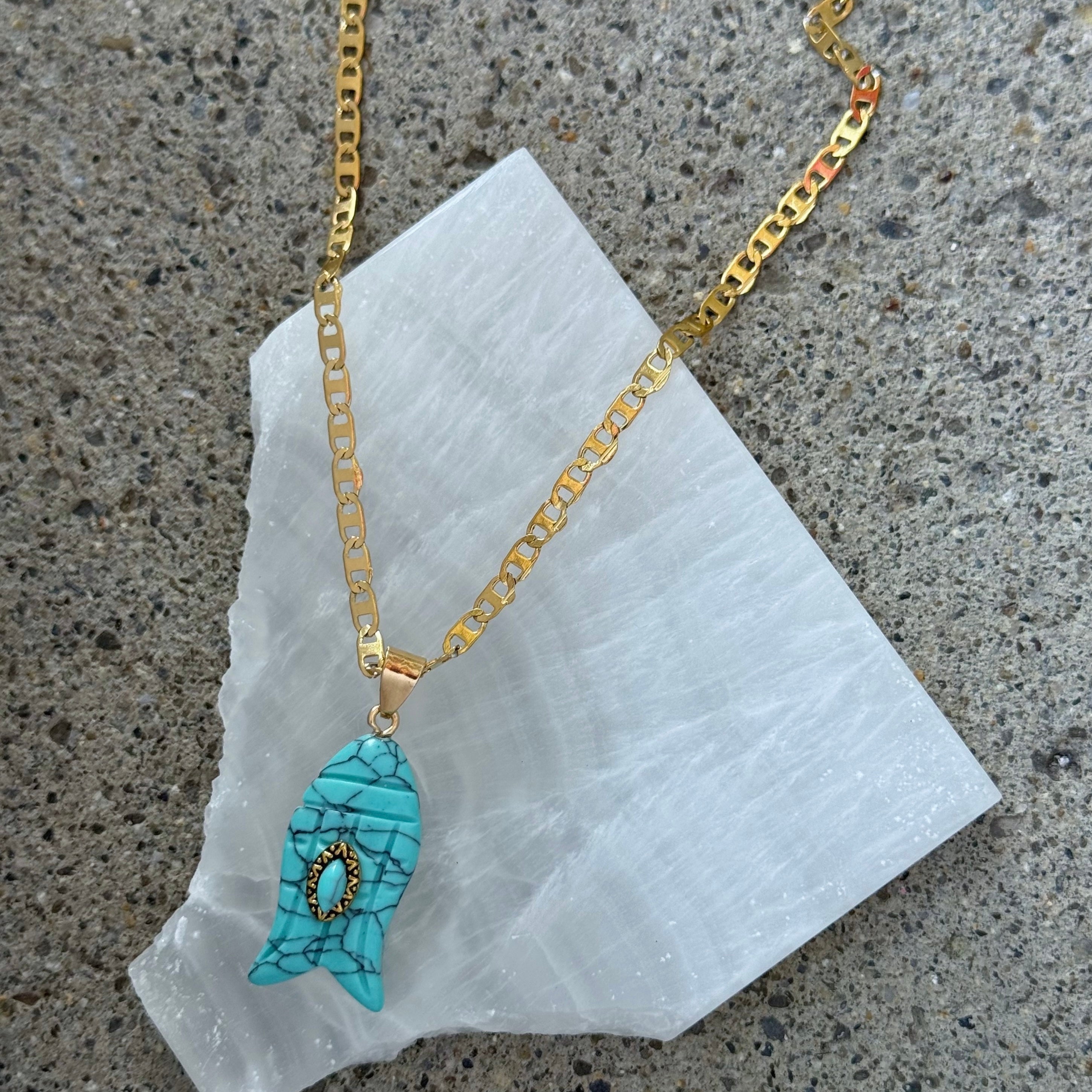 GOLD TURQUOISE FISH necklace