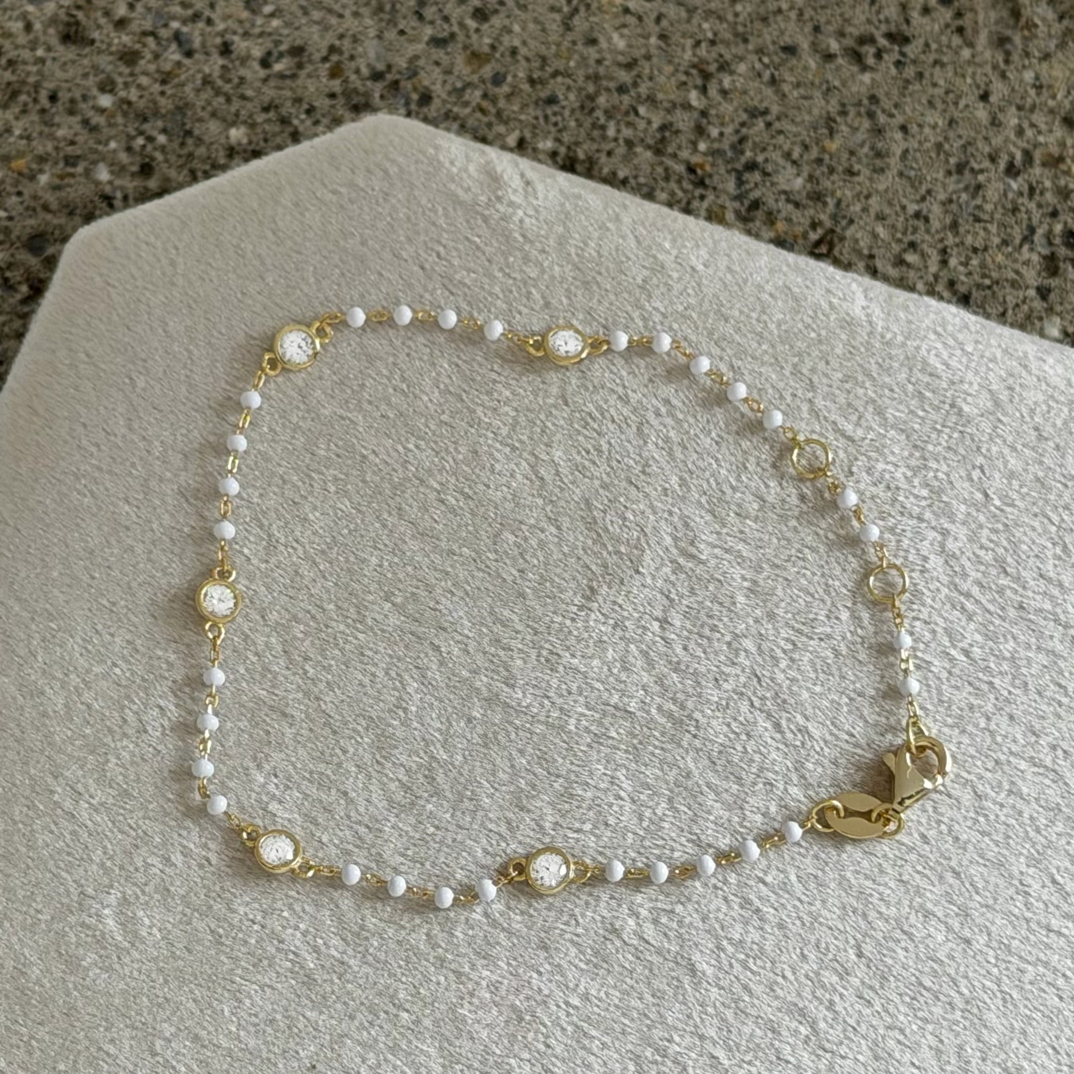 GOLD CRYSTAL BEZEL WHITE BEADED DAINTY bracelet