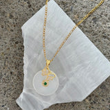 BUTTERFLY ROUND EMERALD STONE WHITE JADE necklace