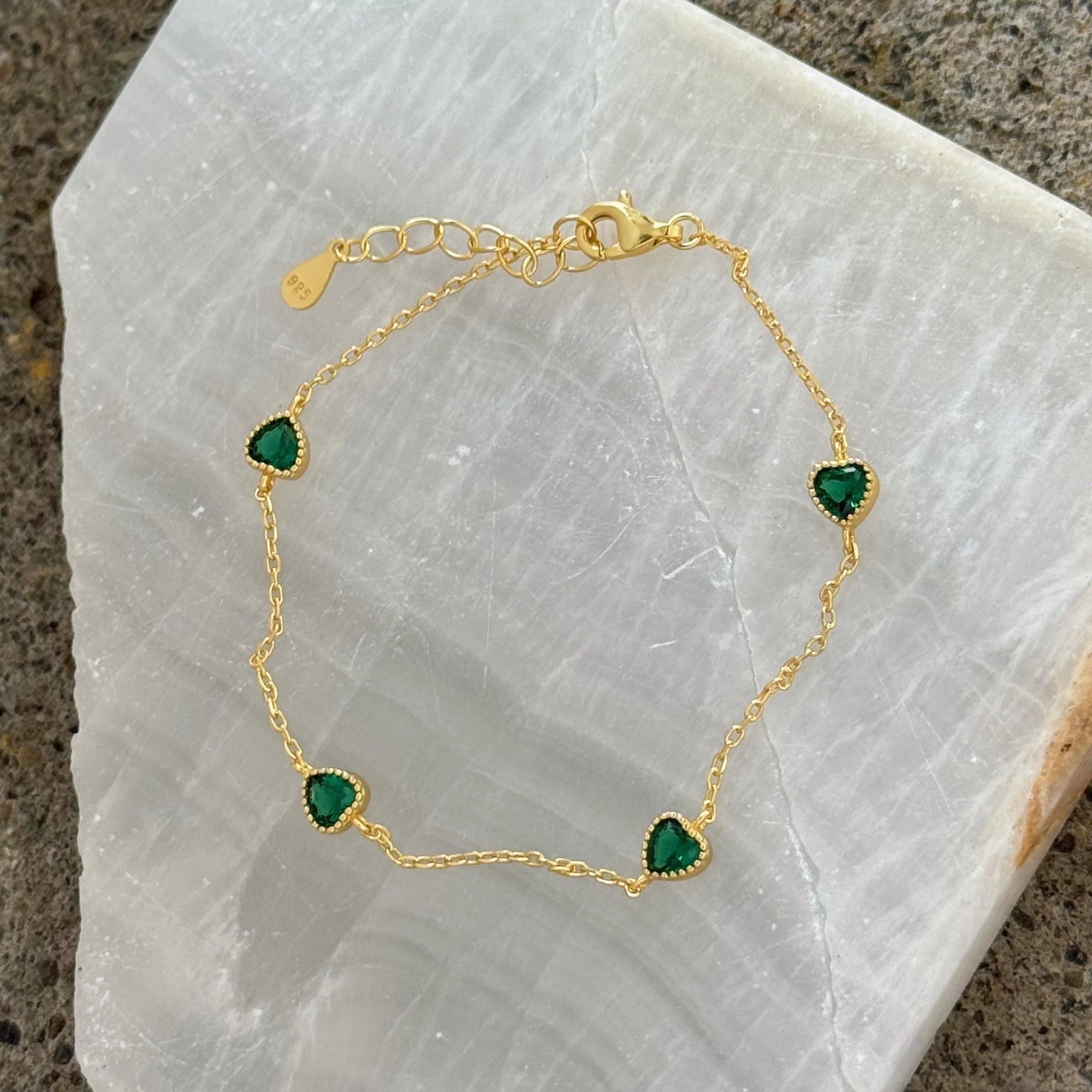 GOLD EMERALD GREEN HEART DAINTY bracelet