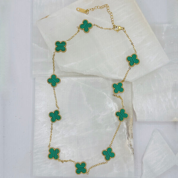 13MM MALACHITE CLOVERS GOLD STEEL necklace