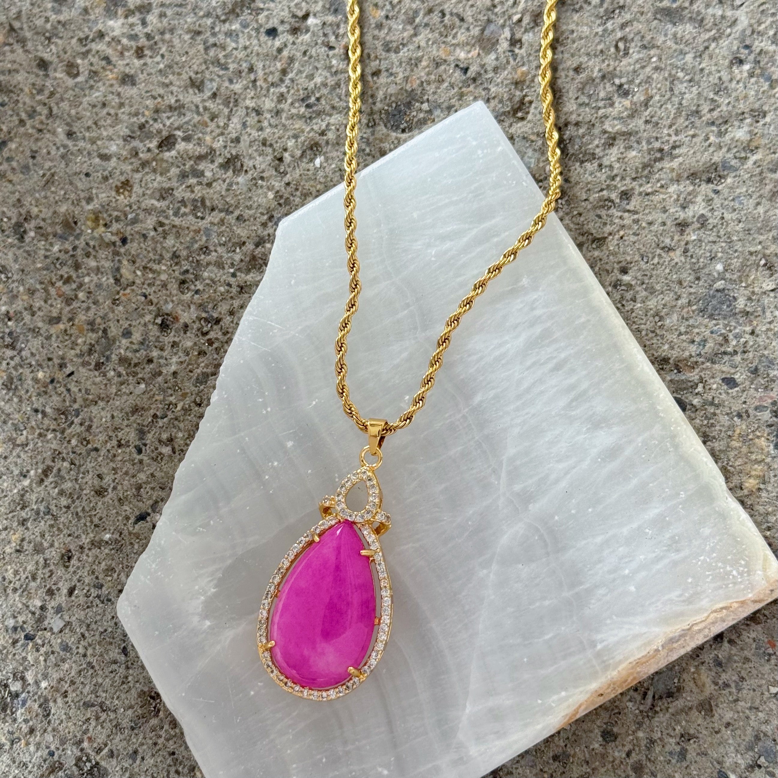 CRYSTAL TEARDROP FUCHSIA JADE necklace