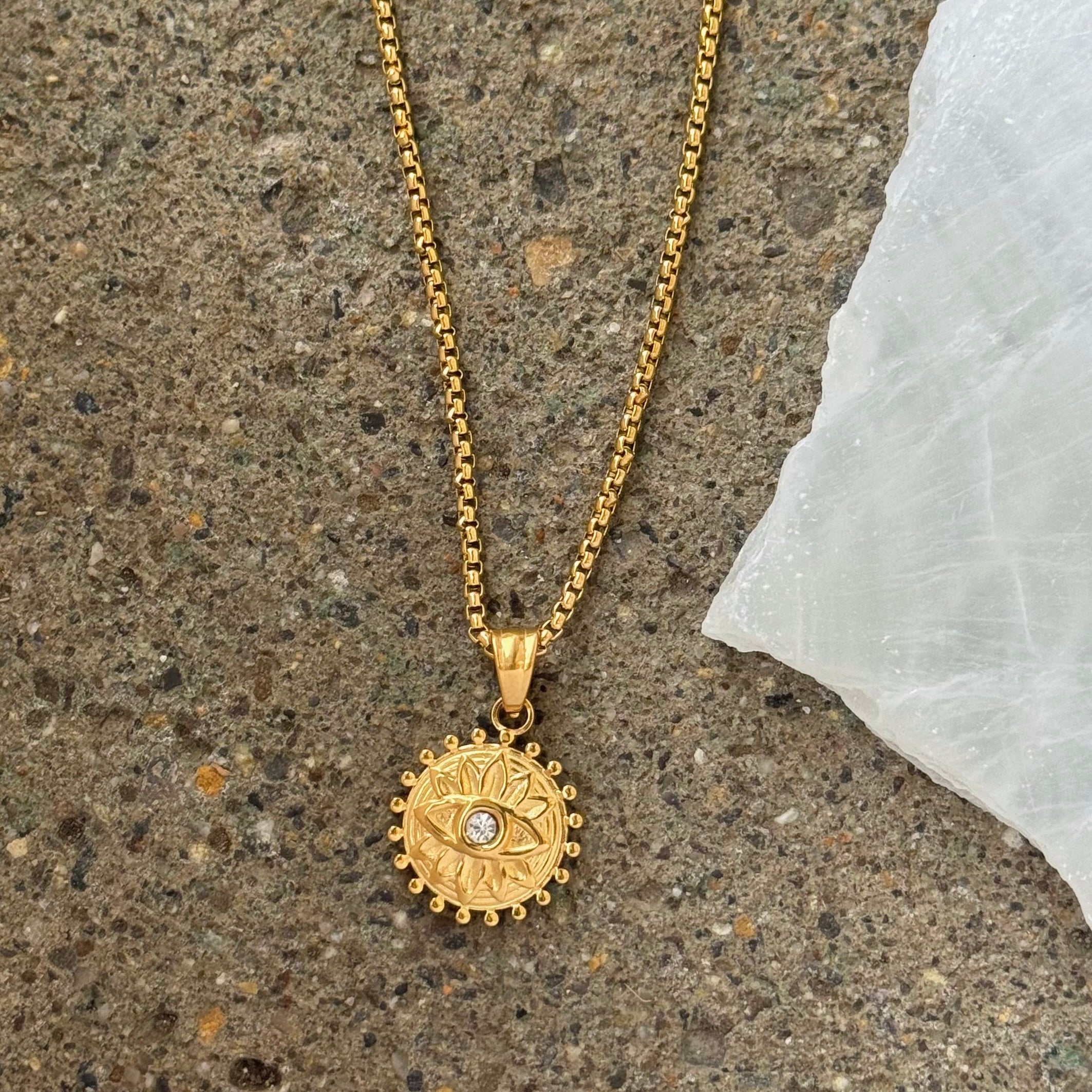GOLD FLORAL EYE COIN necklace