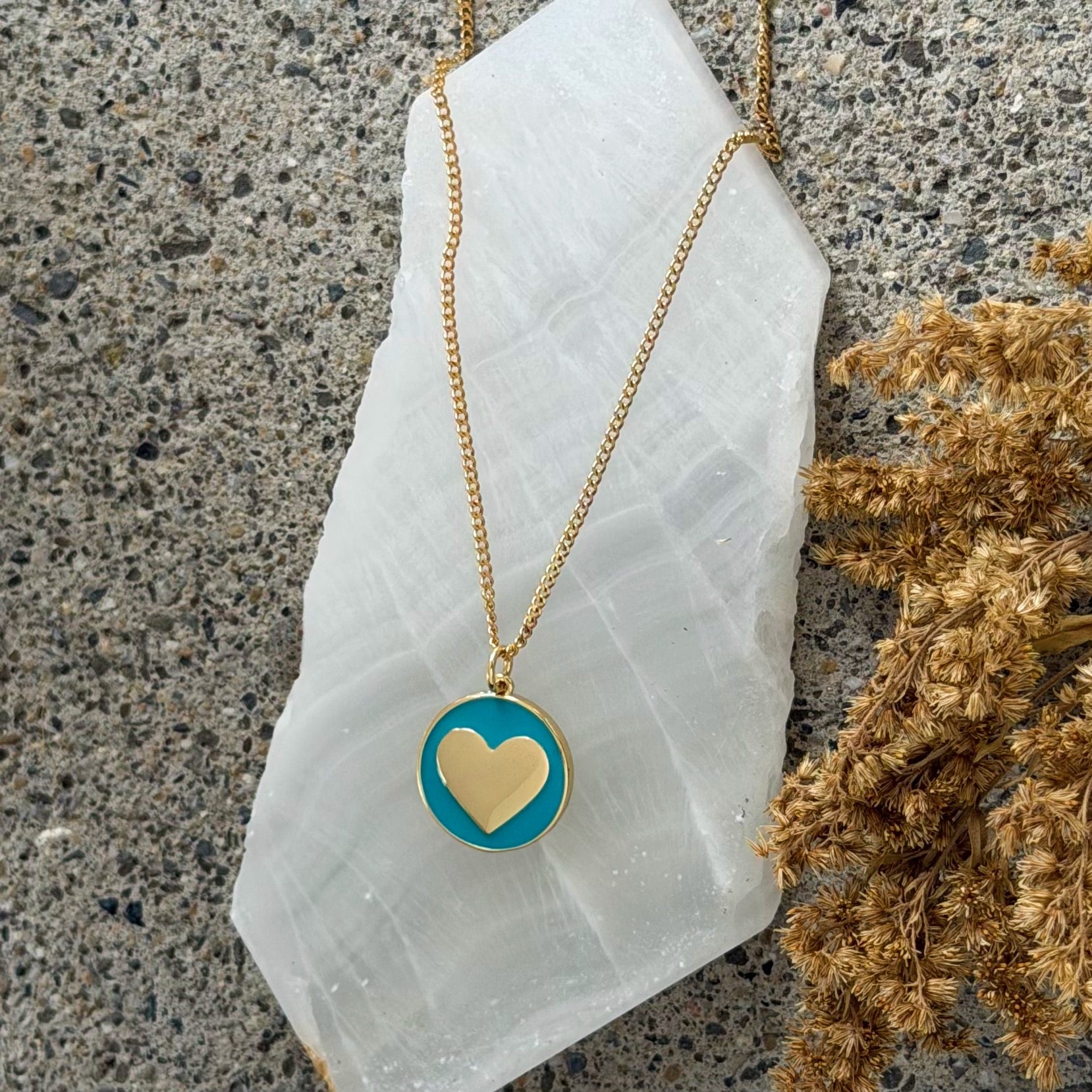 TEAL ROUND ENAMEL HEART necklace