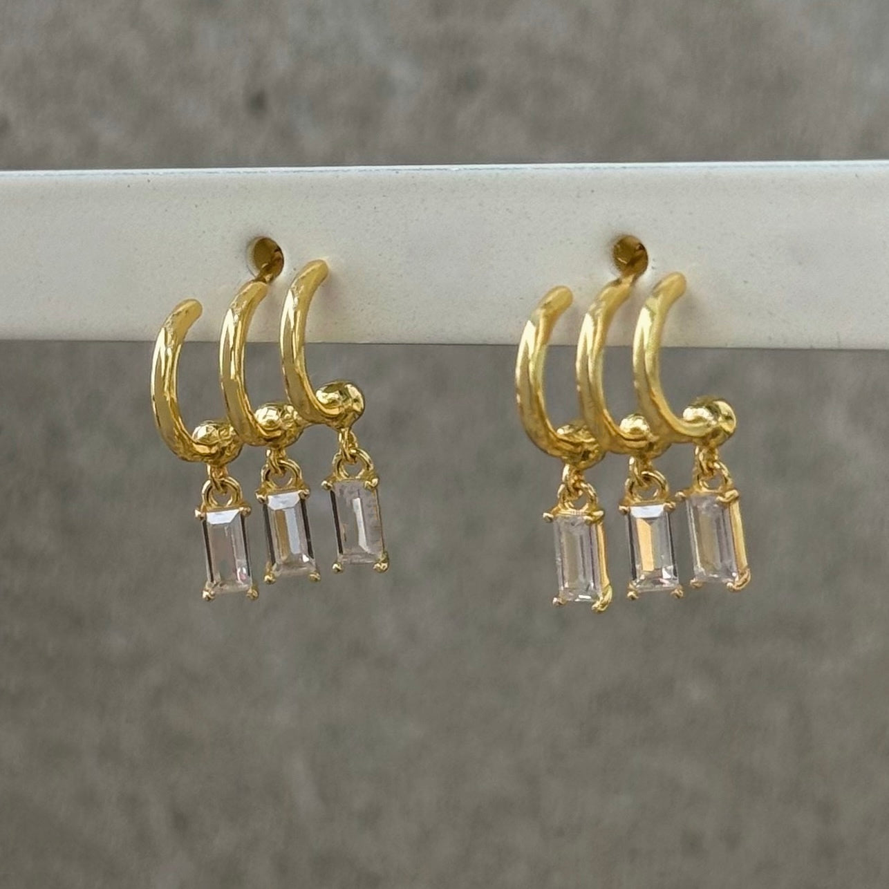 GOLD TRI HOOP BAGUETTE DANGLE STUD earrings