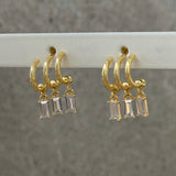 GOLD TRI HOOP BAGUETTE DANGLE STUD earrings