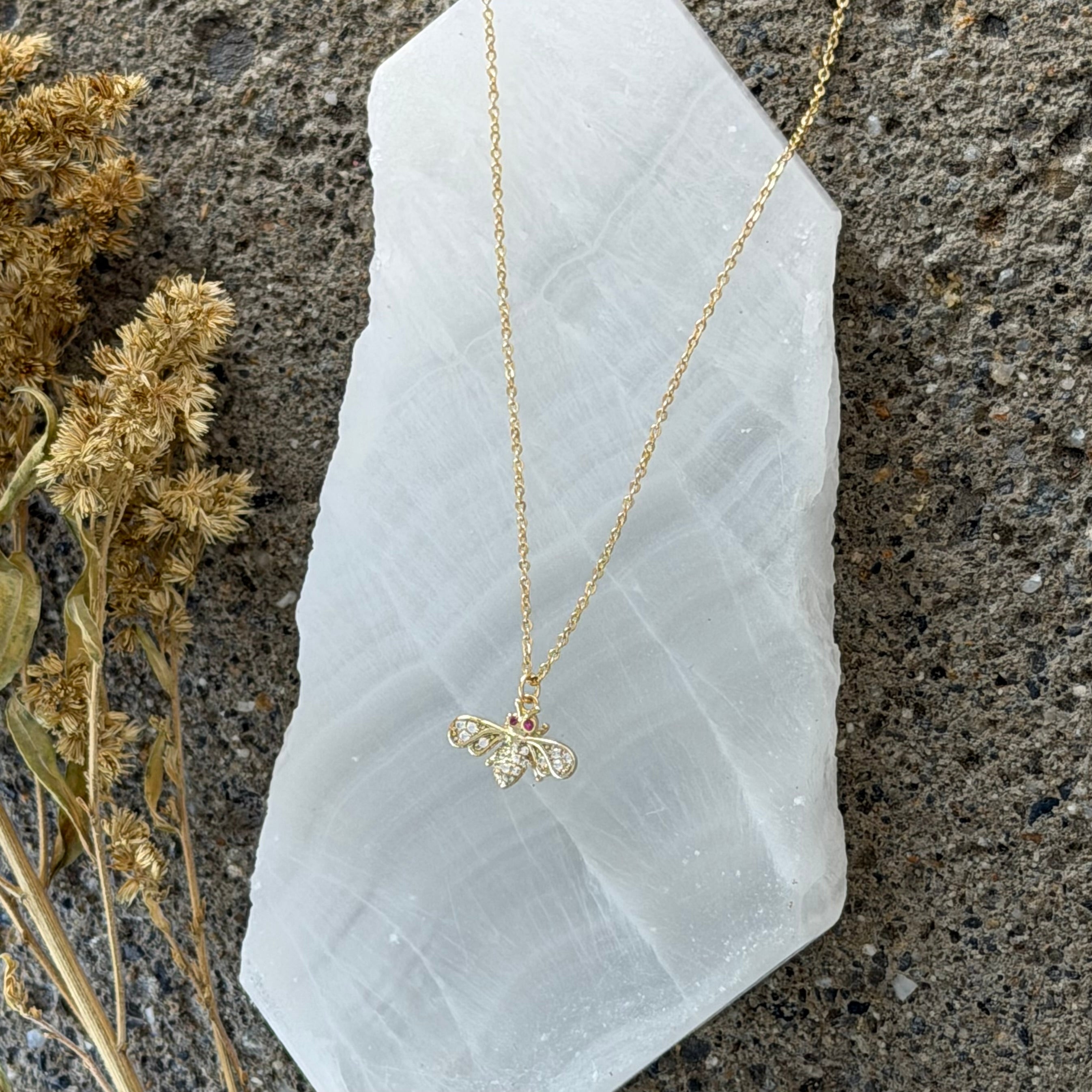 GOLD CRYSTAL PINK SAPPHIRE BEE SUPER MINI necklace