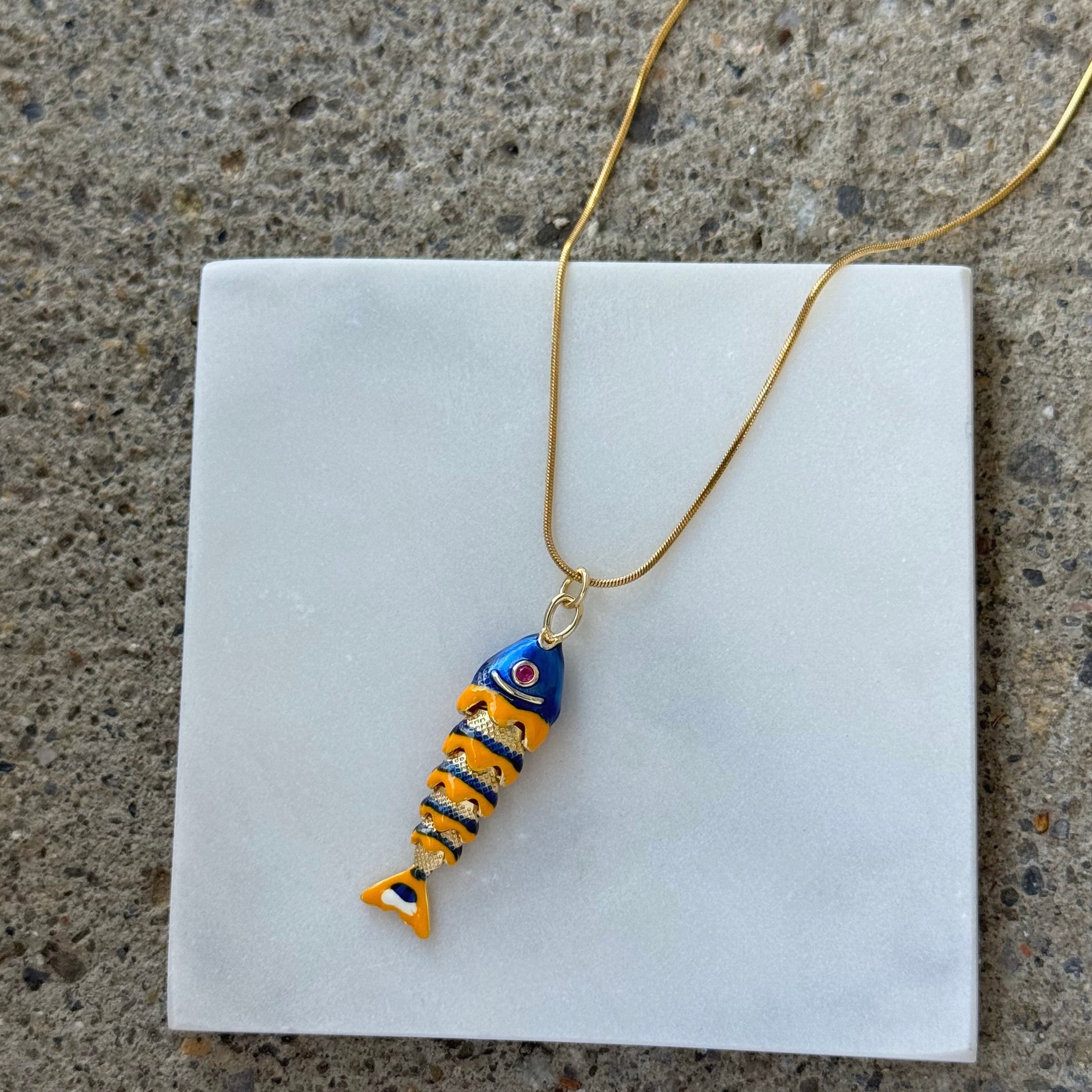 MEDIUM BLUE ENAMEL FISH necklace