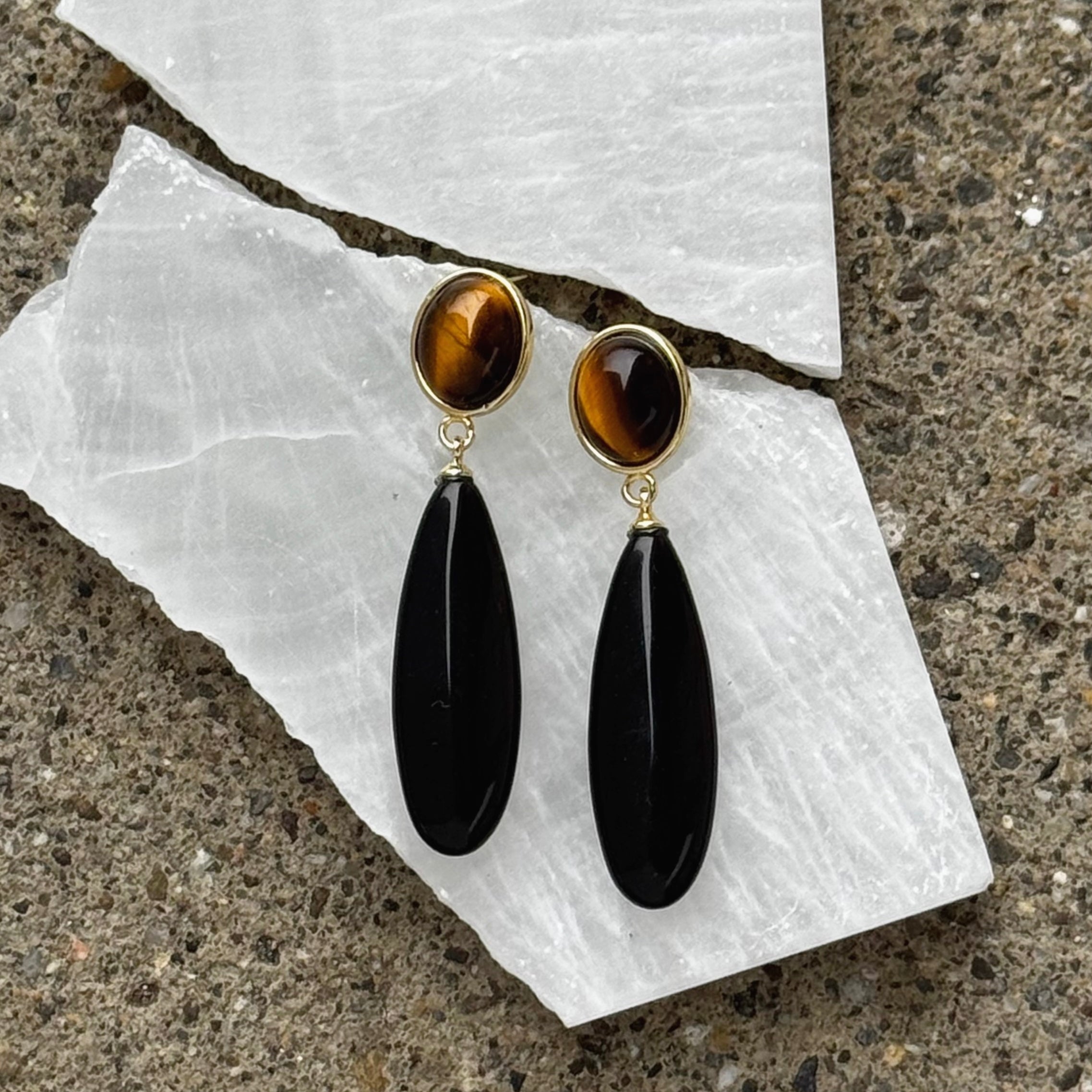 TIGERS EYE AND BLACK OBSIDIAN ELONGATED DANGLE earrings