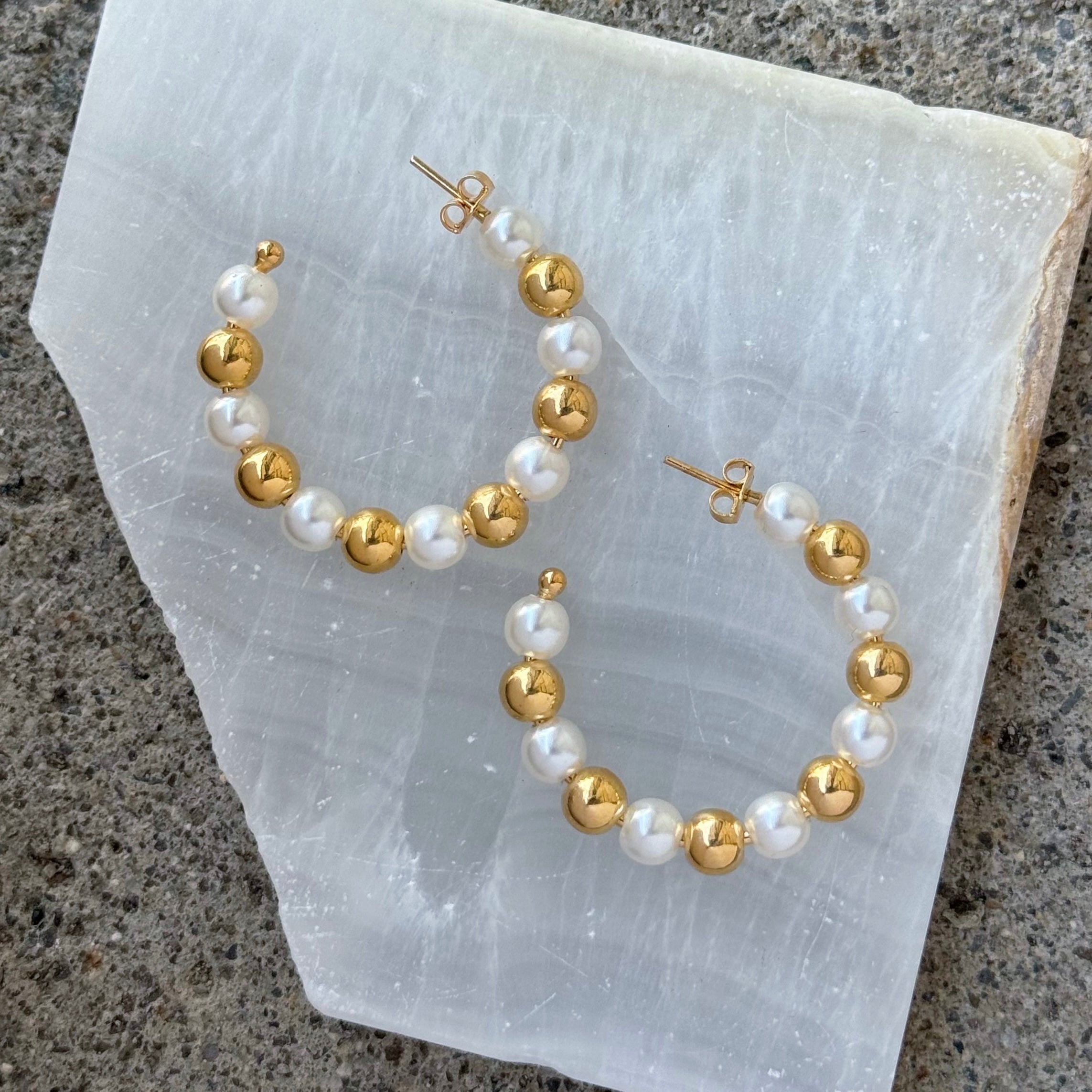 5MM LARGE GOLD & PEARL BEADED HOOP earrings