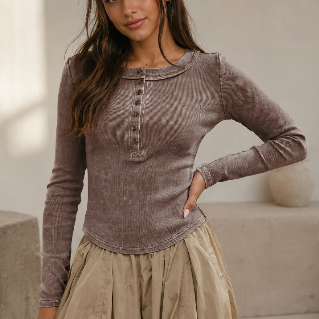 COCAO WASHED FITTED RIBBED LONG SLEEVE HENLEY top