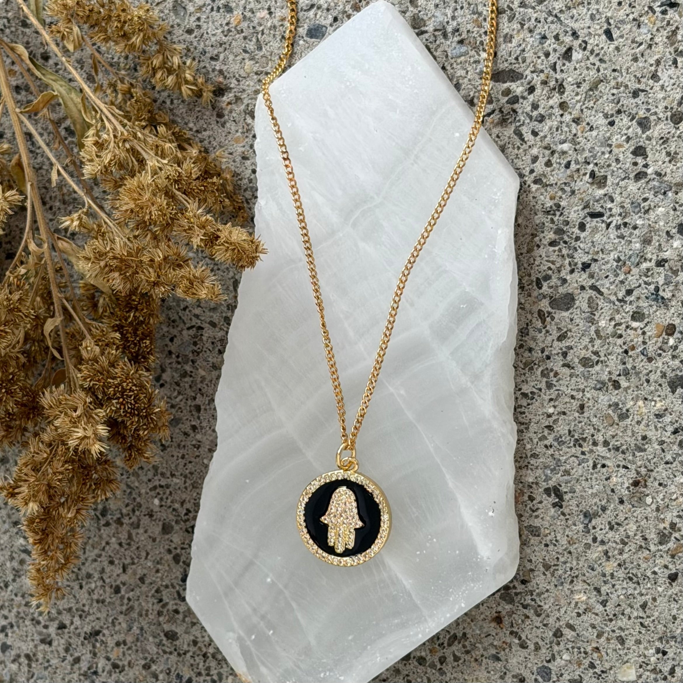 BLACK ENAMEL CRYSTAL HAMSA CIRCLE necklace