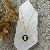 BLACK ENAMEL CRYSTAL HAMSA CIRCLE necklace