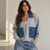 HEATHER GREY KNIT ZIP UP DENIM POCKET cardigan