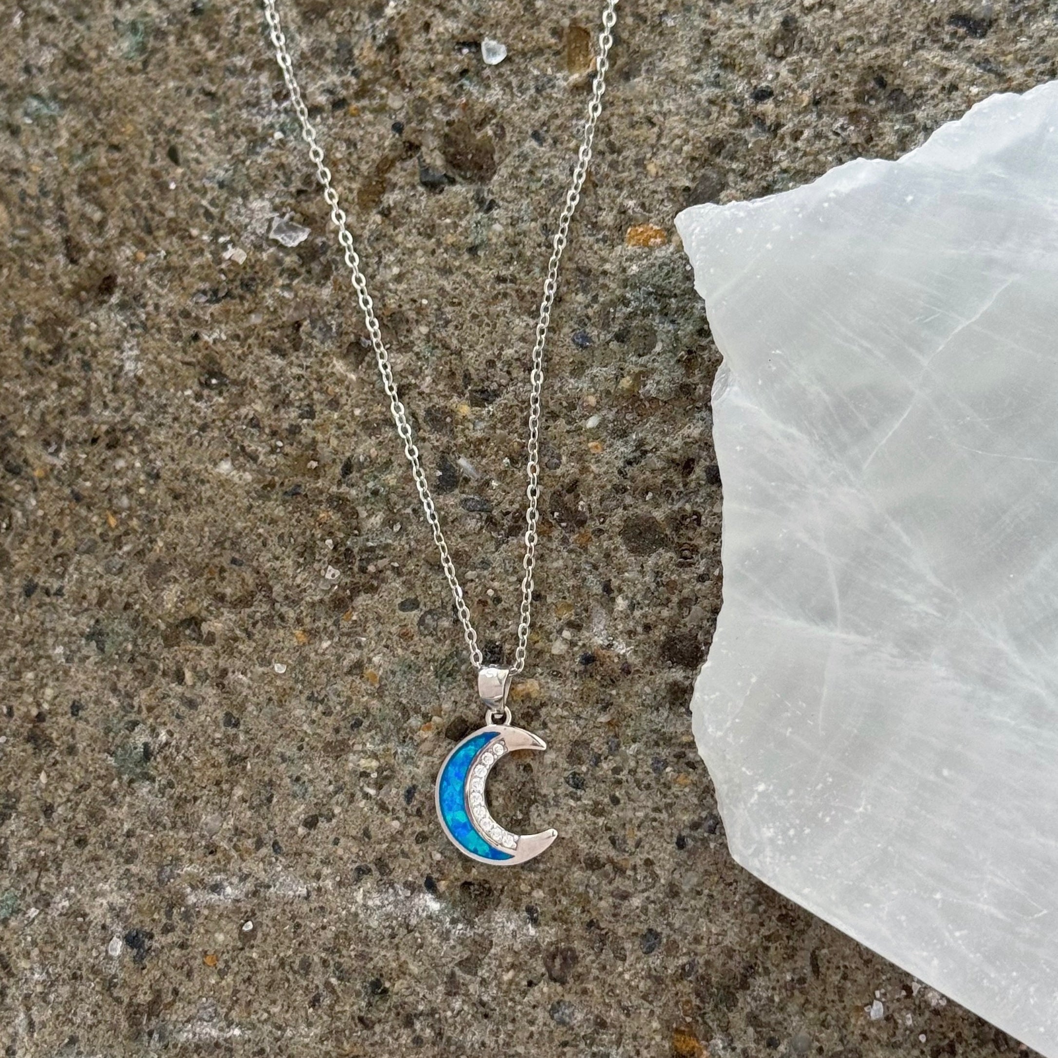SILVER FIRE BLUE OPAL CRESCENT MOON necklace