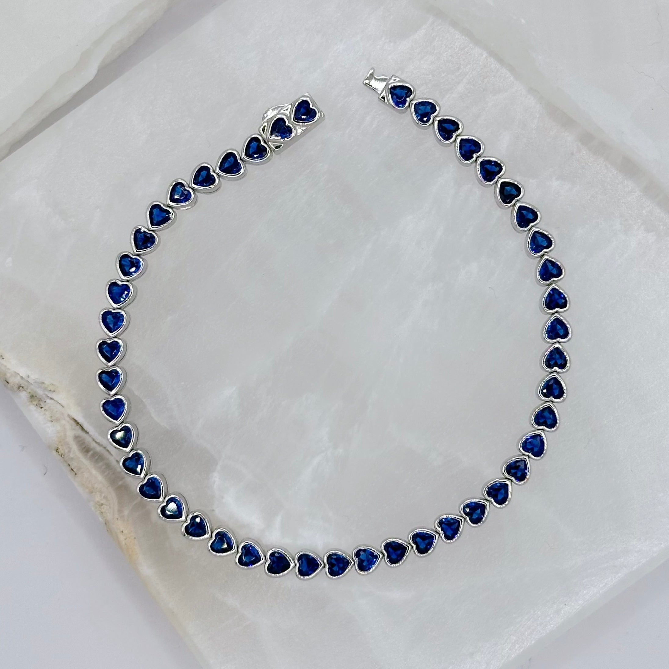SILVER BLUE SAPPHIRE BEZEL HEART TENNIS bracelet