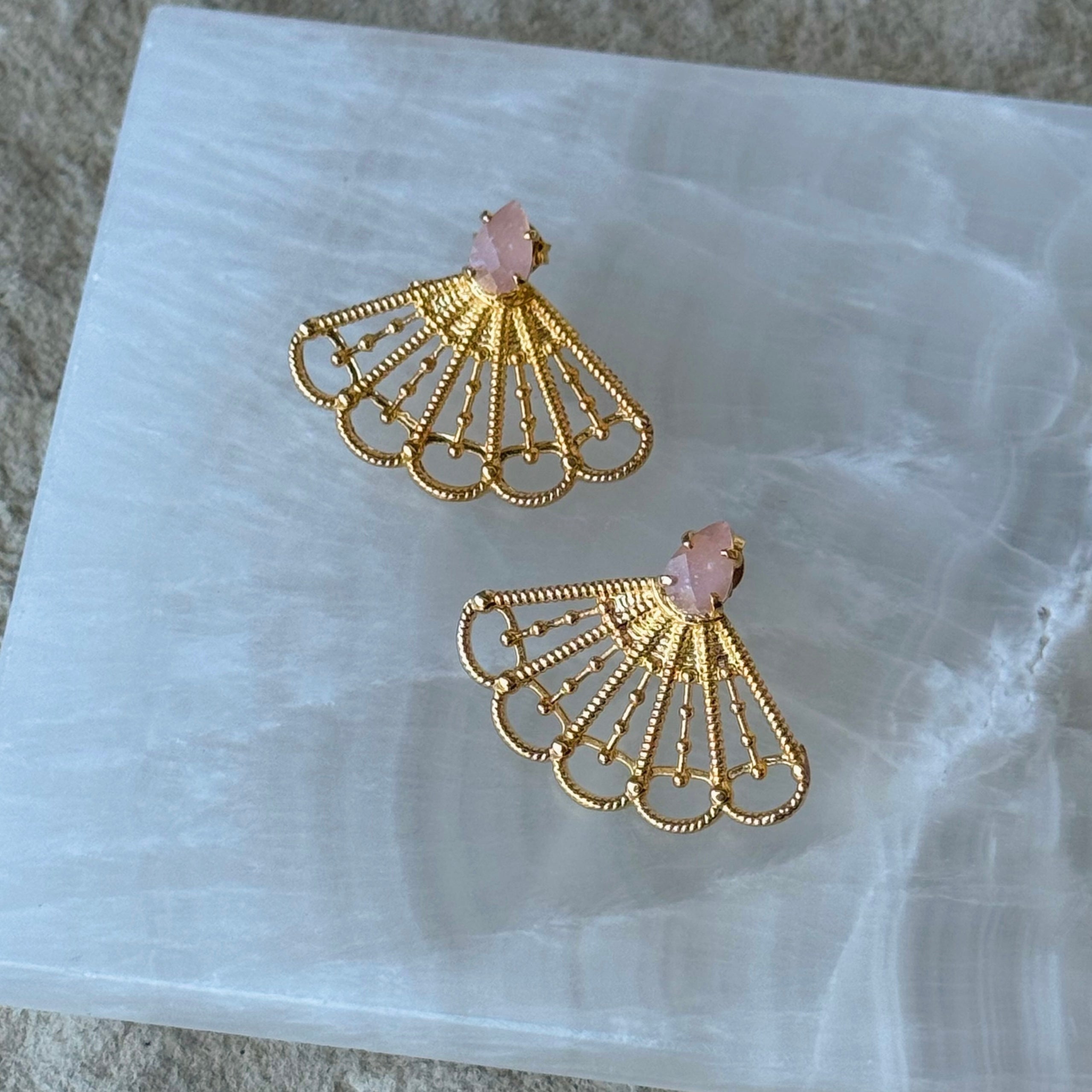 GOLD ROSE QUARTZ ASYA FAN earrings