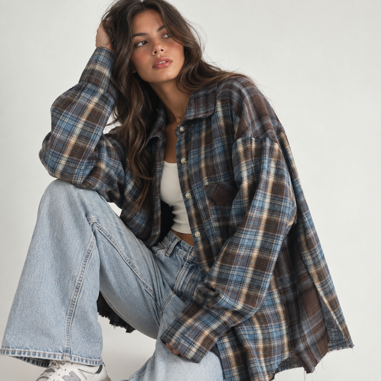 OVERSIZED BROWN & BLUE PLAID FLANNEL shirt